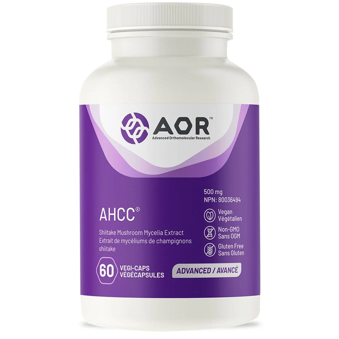 AOR AHCC 500mg, Shiitake Mushroom Mycelia Extract, 60 Vegetable Capsules