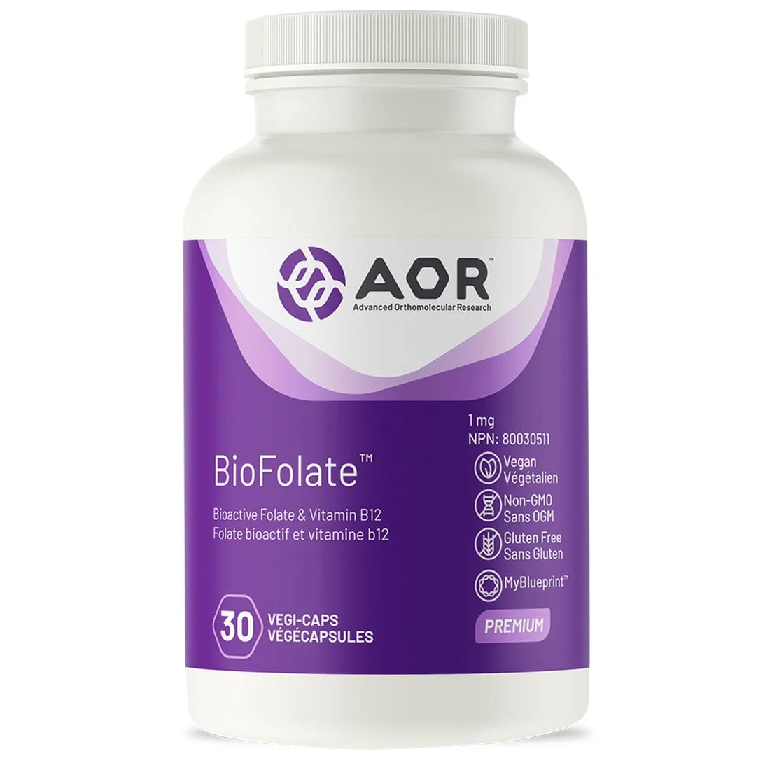 AOR BioFolate 1mg, Bioactive Folate, 5-Methyltetrahydrofolate, L-5-MTHF, 30-60 Vegetable Capsules