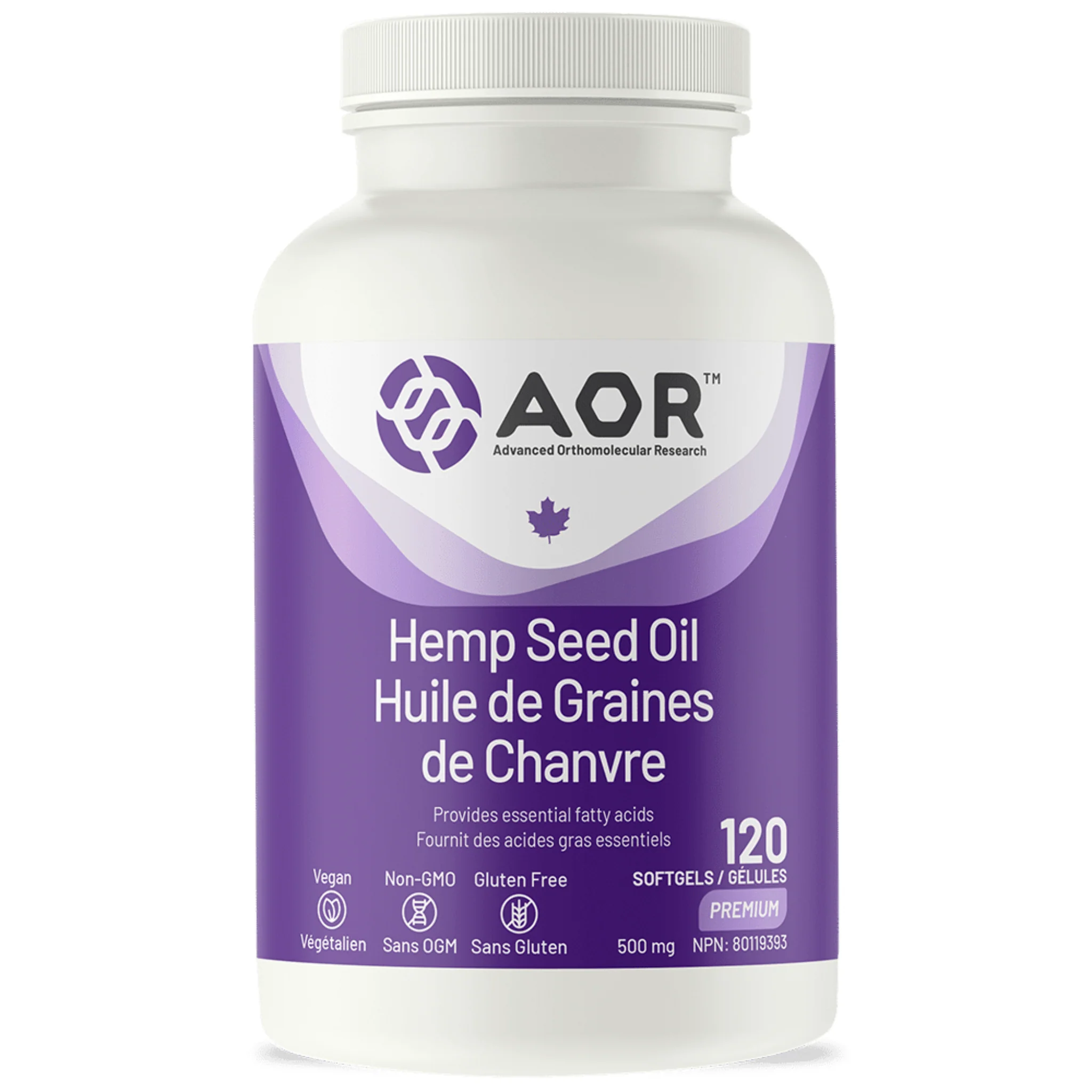 AOR Hemp Seed Oil 500mg, Cold-Pressed, Rich in Omega-3 ALA and Omega-6 LA, 120 Softgels