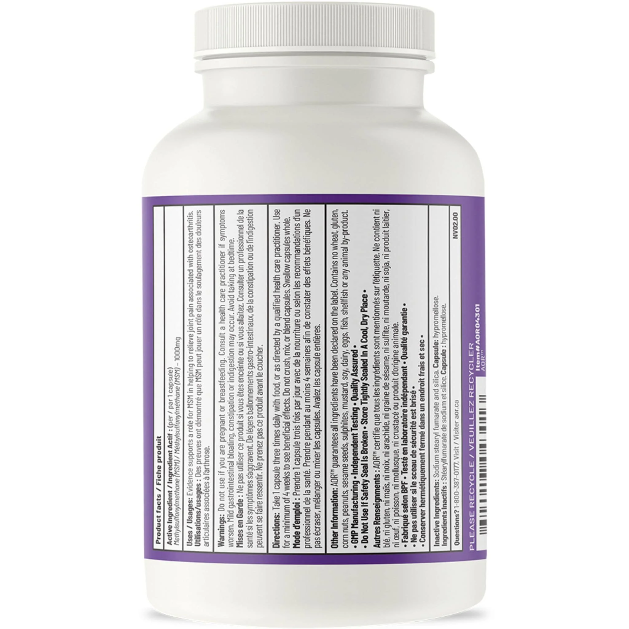 AOR MSM 1000mg (Non-GMO and Gluten-Free), 100-200 Vegetable Capsules - Image 4