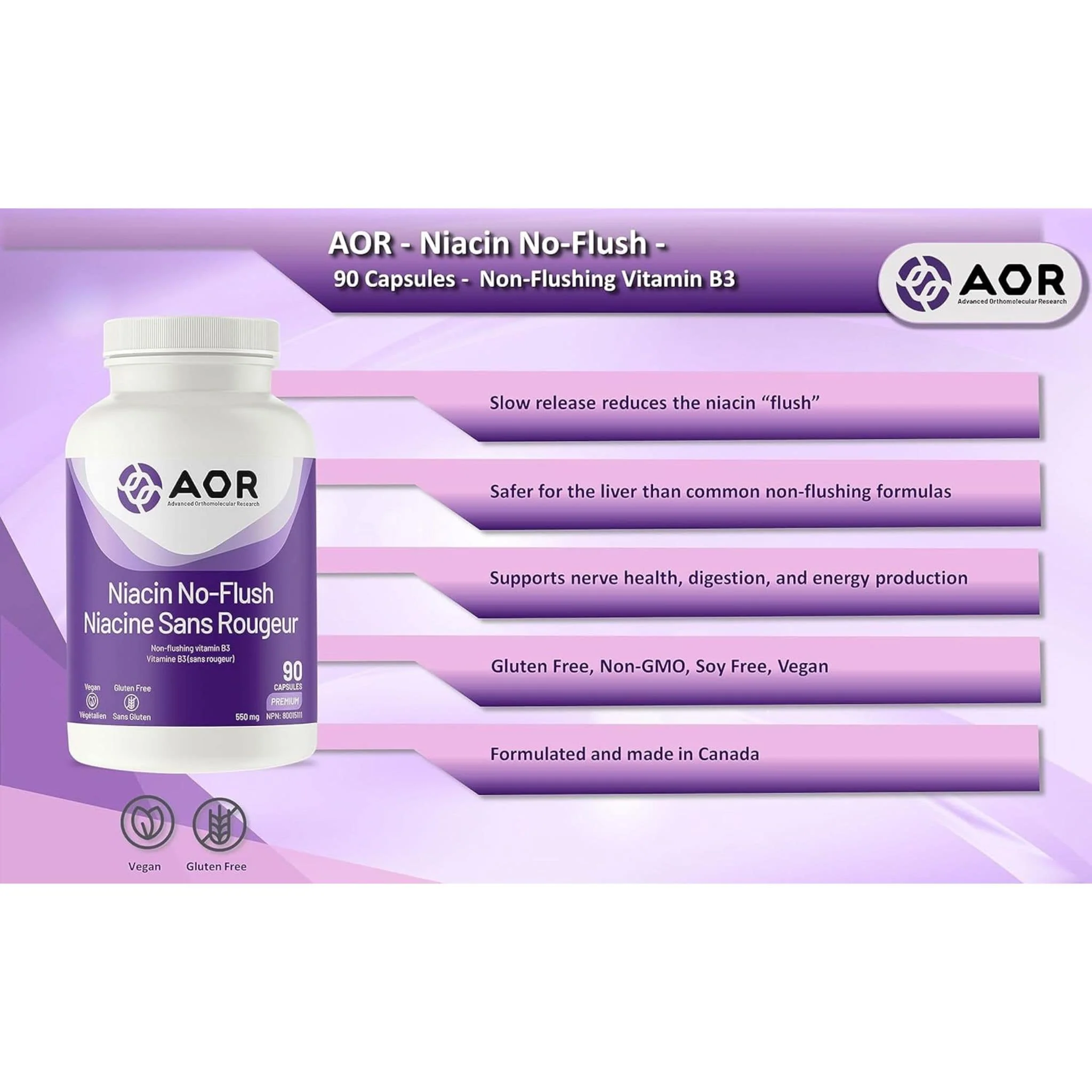 AOR Niacin No-Flush, 550mg, 90 Vegi-Capsules - Image 7