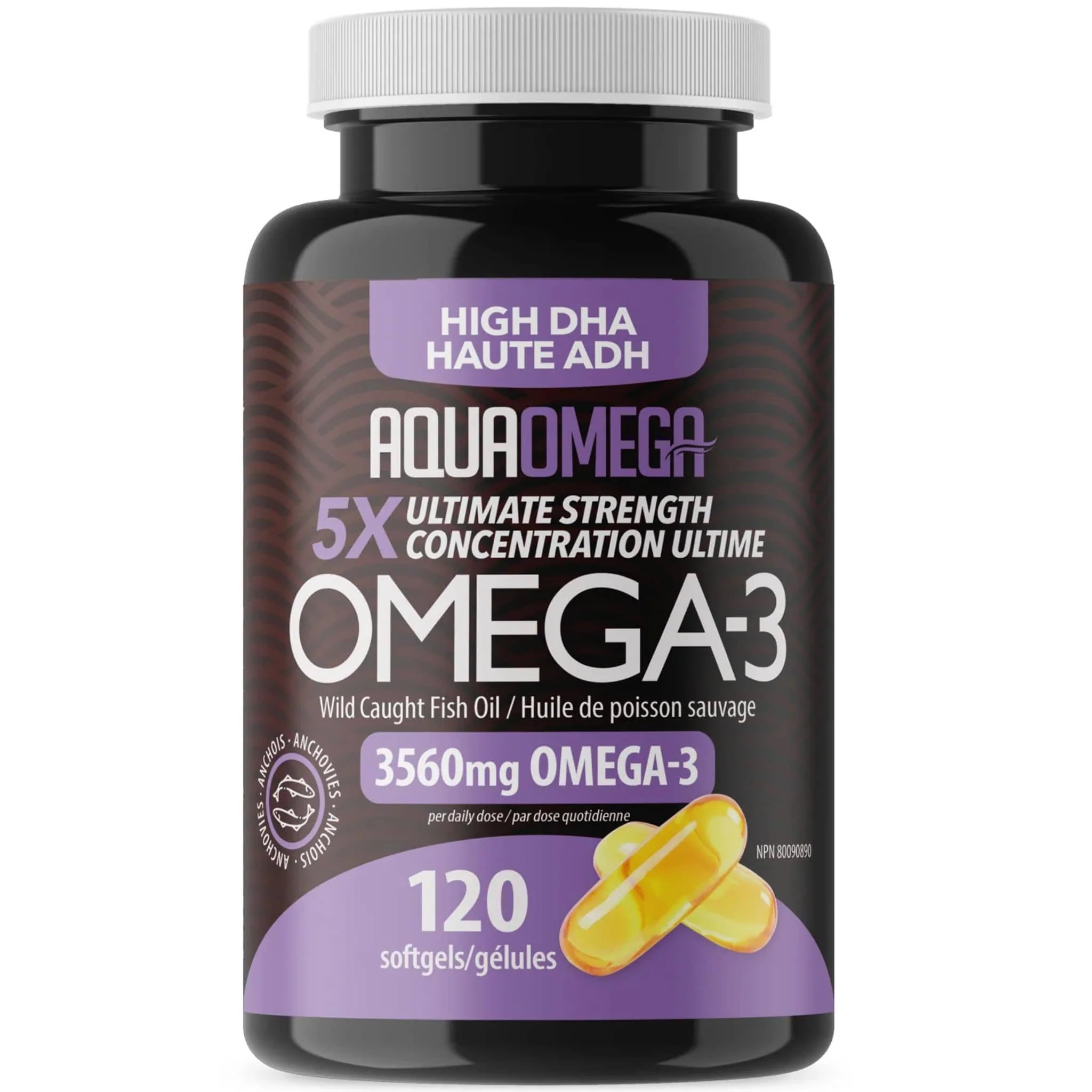 AquaOmega High DHA Omega 3 Fish Oil, 5X Extra Strength Fish Oil Softgels