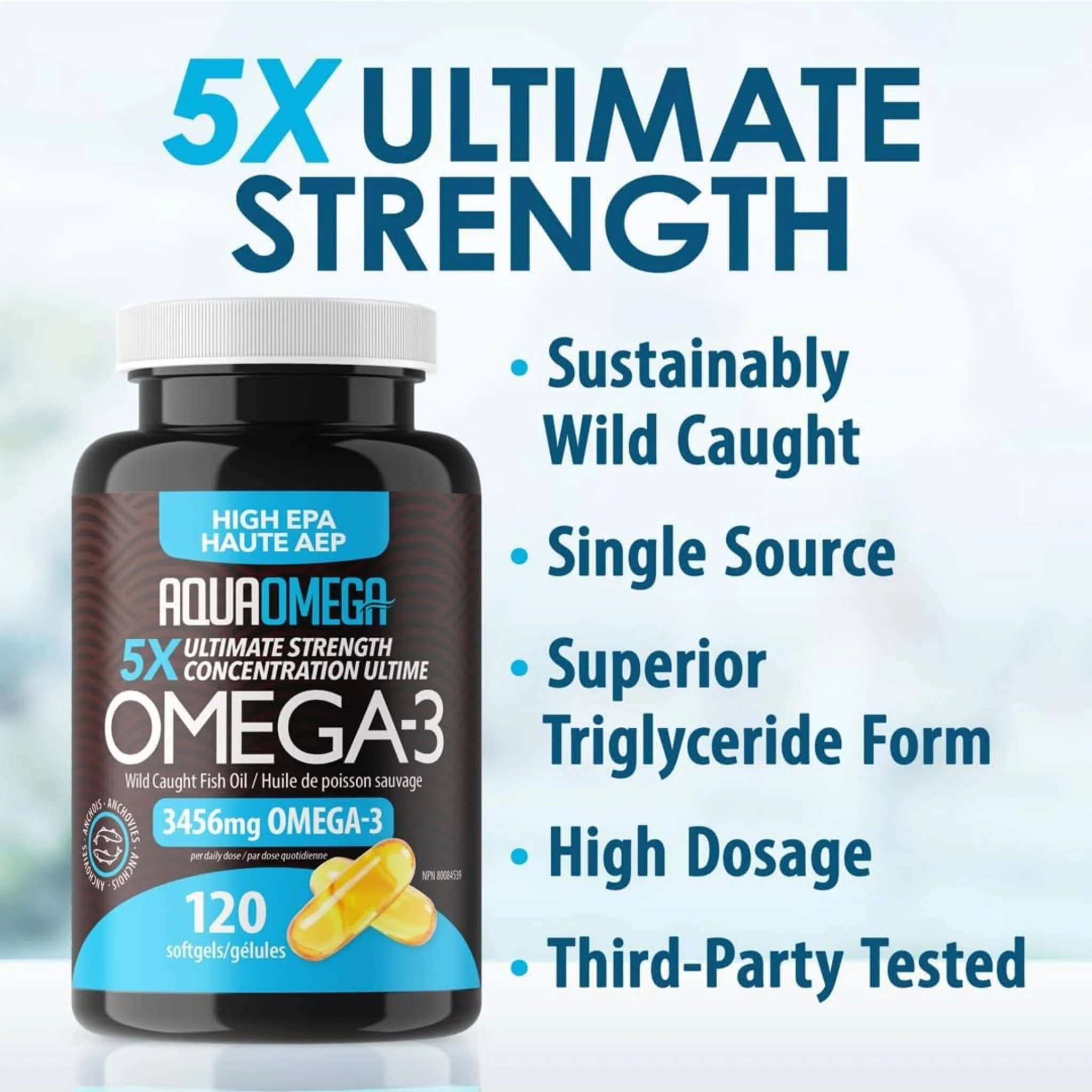 AquaOmega High EPA Omega 3 Fish Oil, 5X Extra Strength Fish Oil Softgels - Image 6
