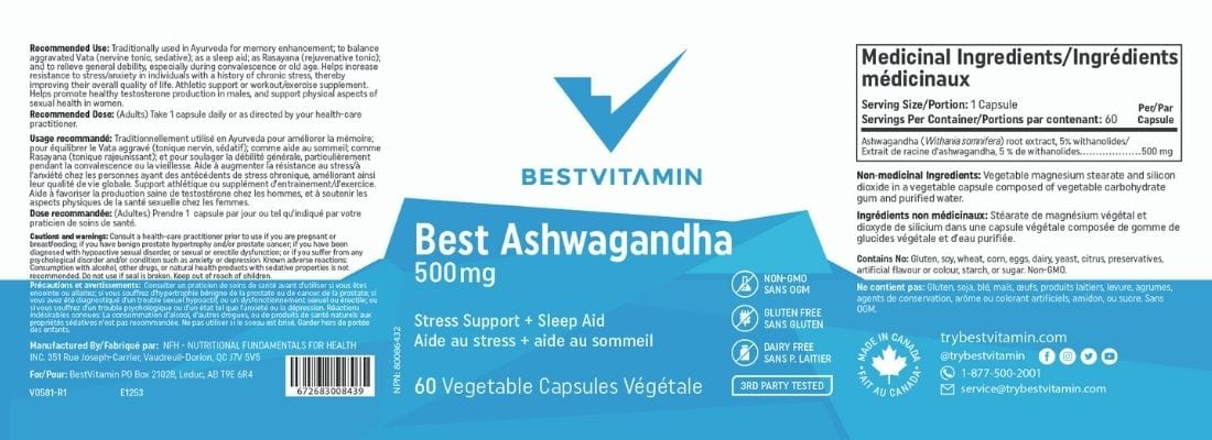 BestVitamin Best Ashwagandha 500mg, Stress Support & Sleep Aid, 60 Vegetable Capsules, Clearance 50% Off, Final Sale - Image 4