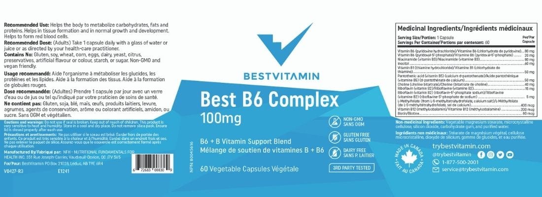 BestVitamin Best B6 Complex, 100mg B6 Plus B-Complex, Non-GMO, 60 Vegetable Capsules - Image 3