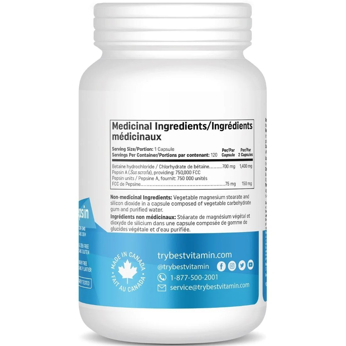 BestVitamin Best Betaine HCL and Pepsin Extra Strength 700mg / 75mg, Digestive Aid & Liver Support, 120 Vegetable Capsules - Image 3