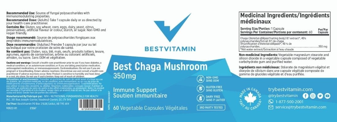 BestVitamin Best Chaga Mushroom 350mg, Anti-microbial immune support, Non-GMO, 60 Vegetable Capsules, Clearance 50% Off, Final Sale - Image 4