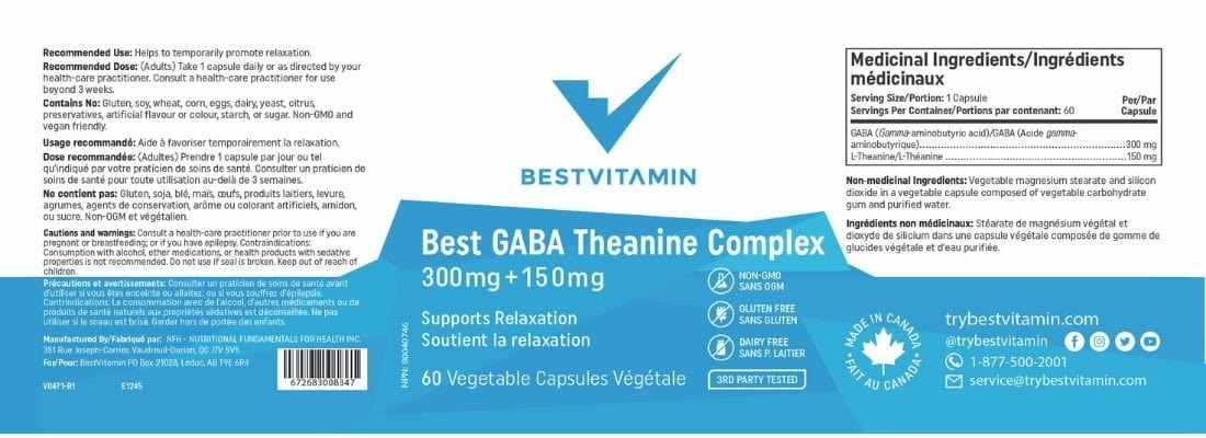 BestVitamin Best GABA Theanine Complex, 300mg Plus 150mg, Mood, stress, anxiety support, 60 Vegetable Capsules - Image 4