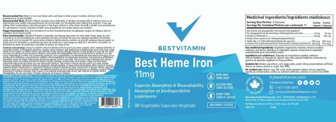 BestVitamin Best Heme Iron 11mg Plus Vitamin C, Folate & B12, Highly bioavailable form of iron, Vegetable Capsules - Image 4