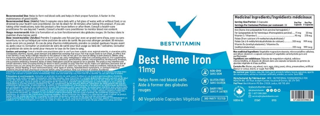 BestVitamin Best Heme Iron 11mg Plus Vitamin C, Folate & B12, Highly bioavailable form of iron, Vegetable Capsules - Image 6