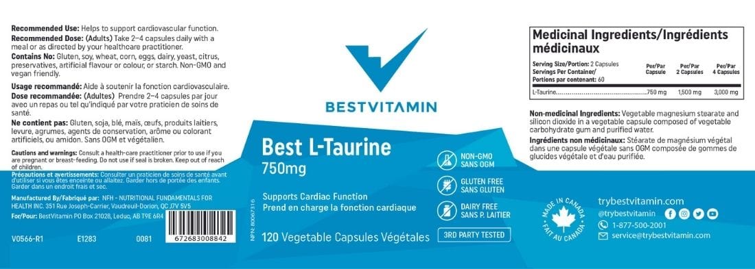 Bestvitamin Best Taurine 750mg, Non-GMO, 120 Vegetable Capsules - Image 4
