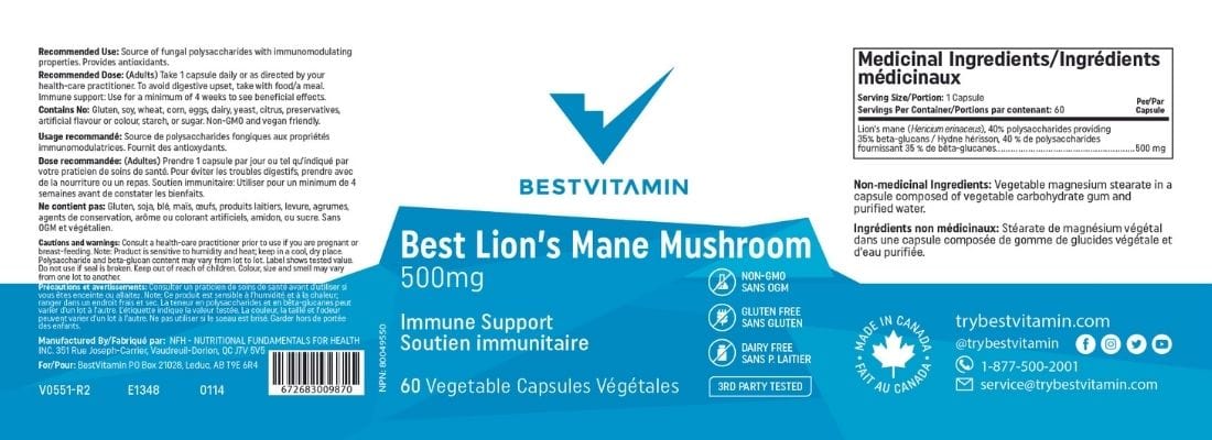 BestVitamin Best Lion's Mane Mushroom 500mg, Immune & Cognitive Support, 60 Vegetable Capsules - Image 4