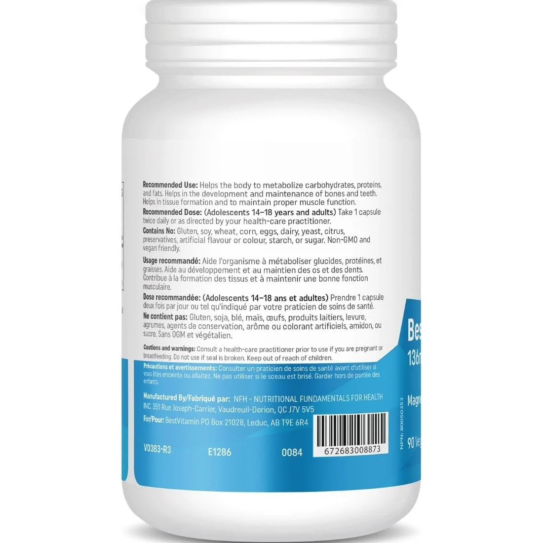 Bestvitamin Best Magnesium Citrate 136mg Plus Taurine 45mg, Gluten-Free, Non-GMO, 90 Vegetable Capsules - Image 2