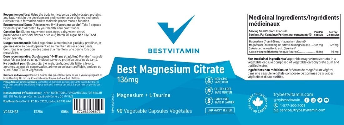 Bestvitamin Best Magnesium Citrate 136mg Plus Taurine 45mg, Gluten-Free, Non-GMO, 90 Vegetable Capsules - Image 4