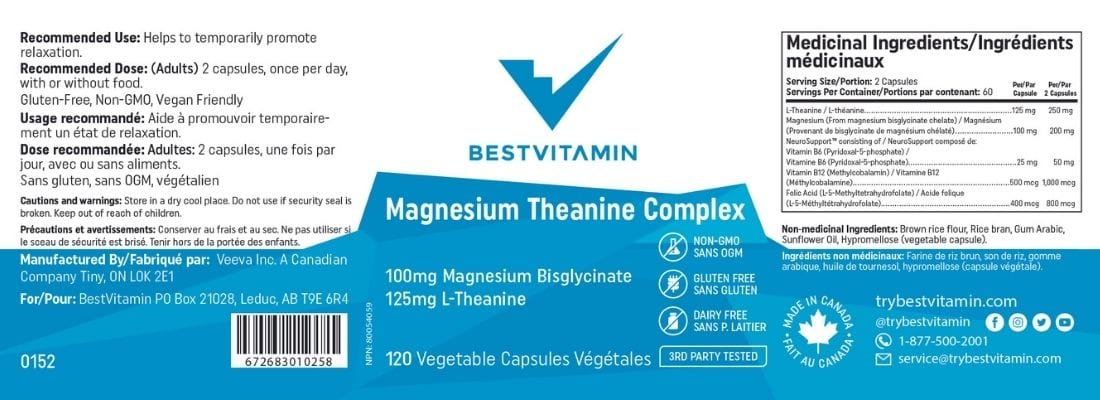BestVitamin Best Magnesium Theanine Complex, Improves relaxation, learning, focus, & mood, 120 Vegetable Capsules - Image 4