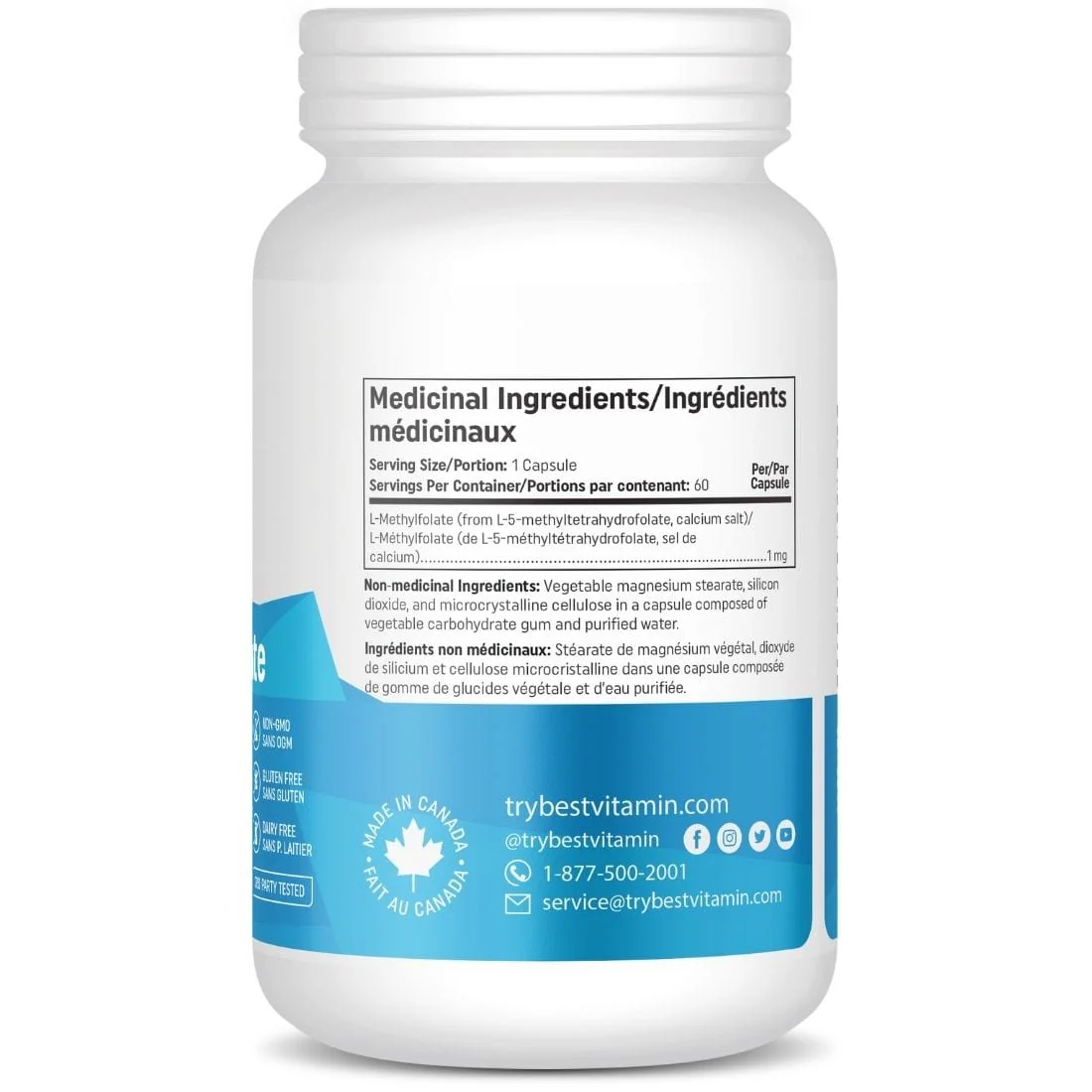 BestVitamin Best Methylfolate 1mg, Gluten-Free, Non-GMO, 60 Vegetable Capsules - Image 3