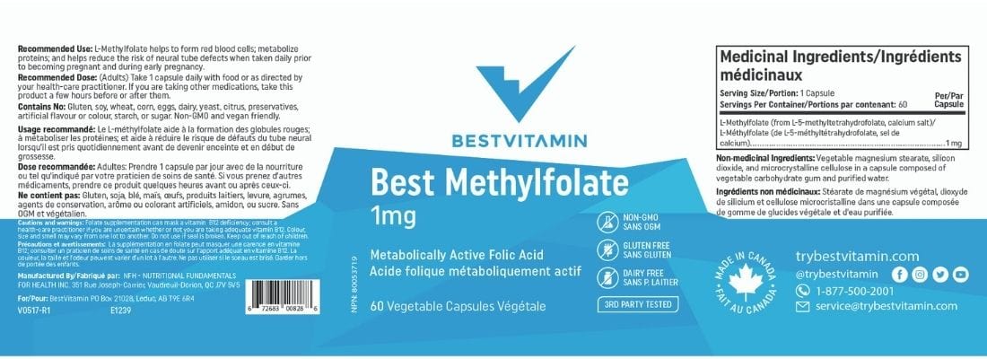 BestVitamin Best Methylfolate 1mg, Gluten-Free, Non-GMO, 60 Vegetable Capsules - Image 4