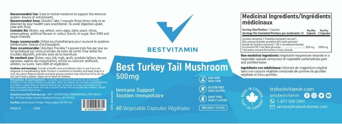 BestVitamin Best Turkey Tail 500mg, Coriolus, Anti-Microbial Immune Support, 60 Vegetable Capsules - Image 4