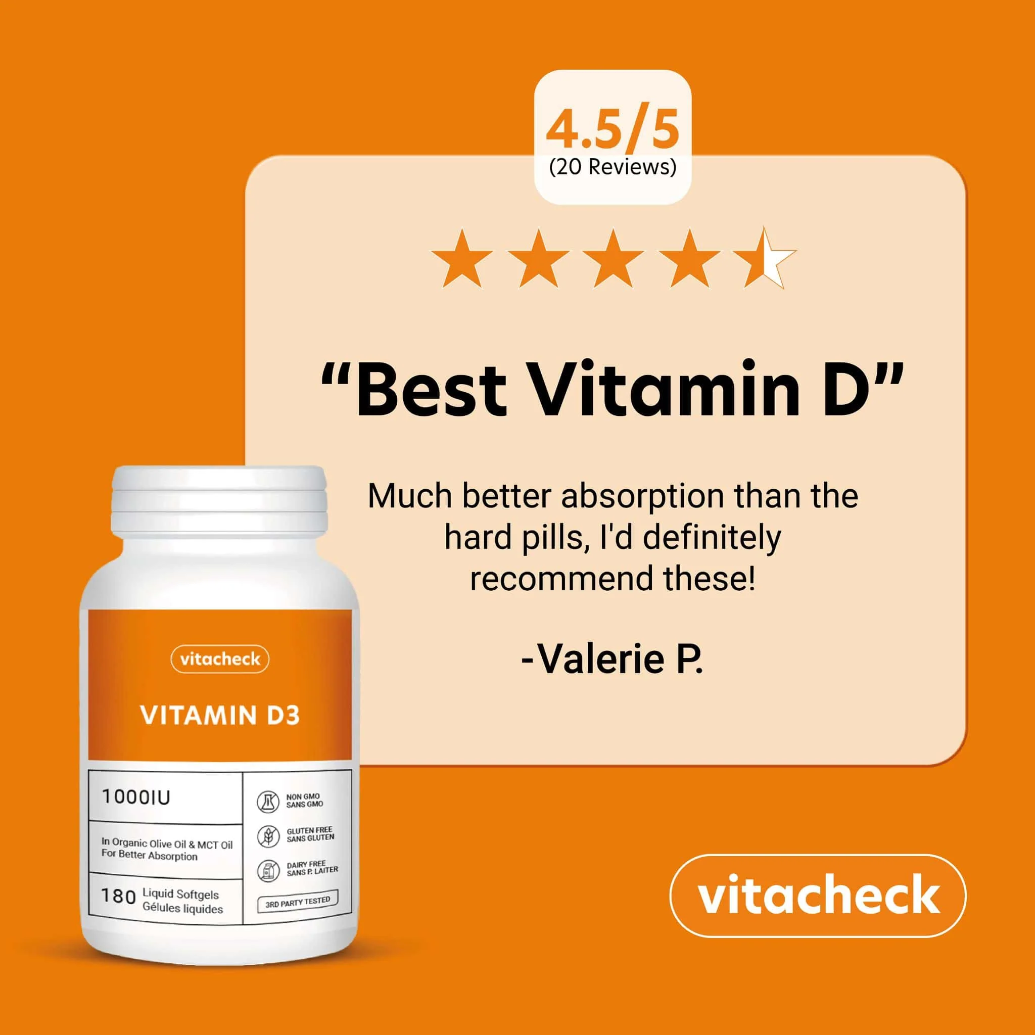 Vitacheck Vitamin D3 1000IU Softgels, In Organic Olive Oil For Better Absorption, 180 Softgels CLEARANCE 25% Off, Exp 9/27 Final Sale - Image 3
