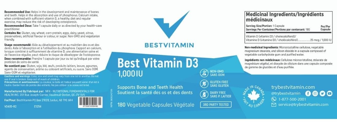 BestVitamin Best Vitamin D3 Capsules 1000IU, Non-GMO, Vegetarian Friendly, 180 Vegetable Capsules - Image 4