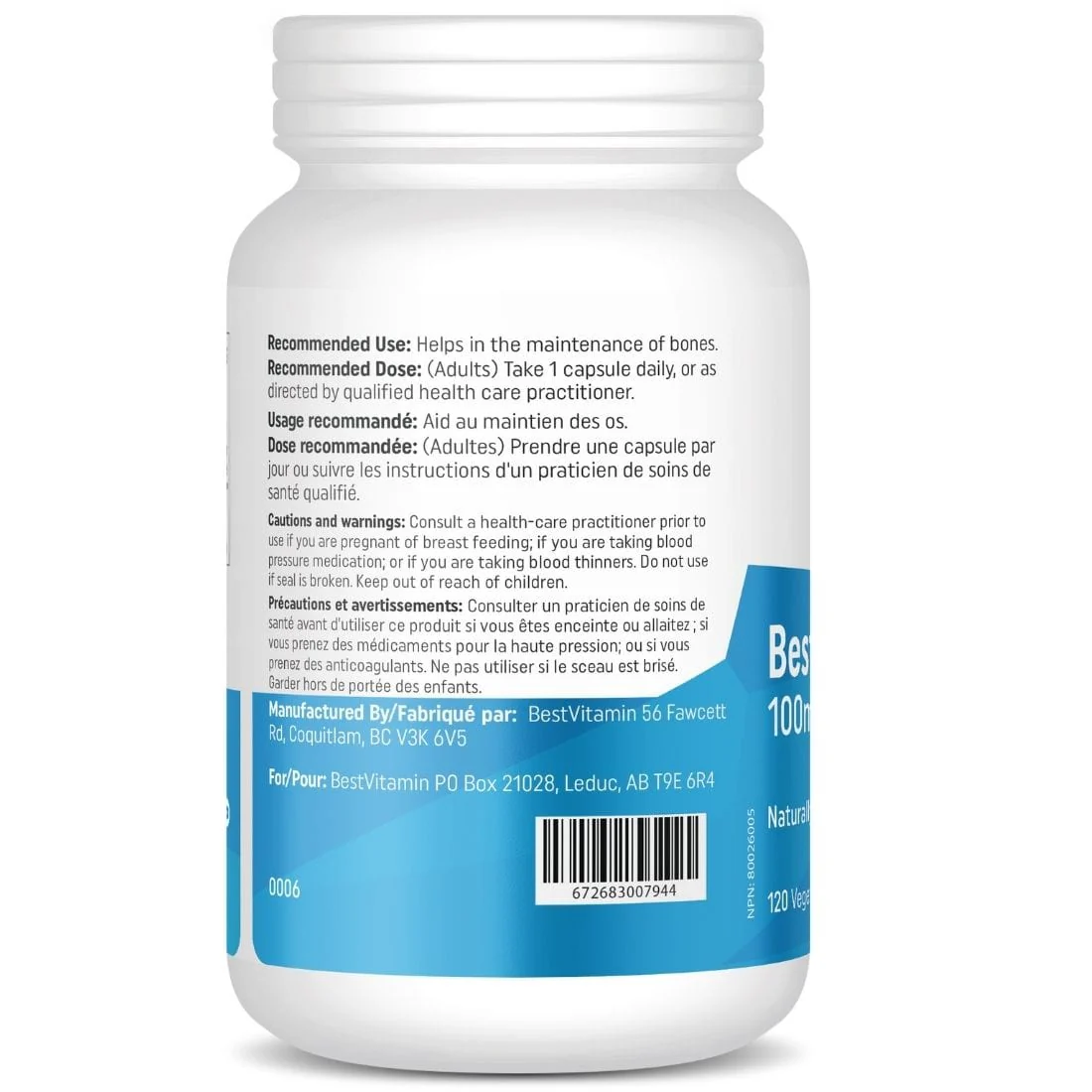 BestVitamin Best MK-7 Vitamin K2 100mcg, Naturally Fermented, Non-GMO, 120 Vegetable Capsules - Image 3