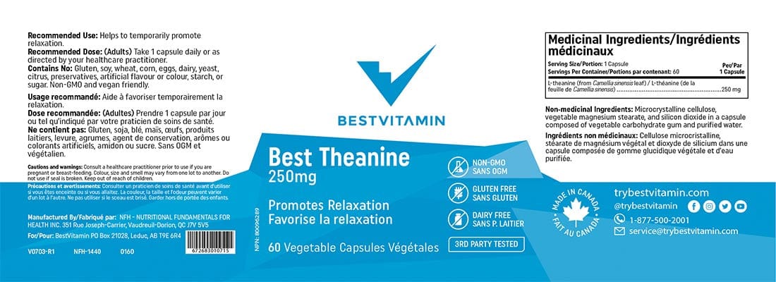 BestVitamin Best Theanine 250mg, Help Improve Sleep & Promotes Relaxation, 60 Vegetable Capsules, Clearance 50% Off, Final Sale - Image 2