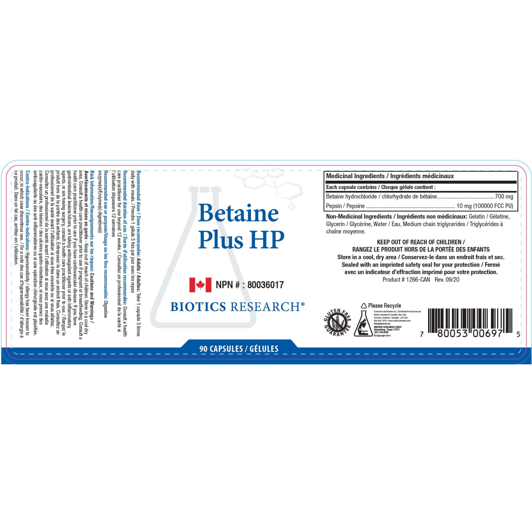 Biotics Research Betaine Plus HP (HCI-700mg), 90 Capsules - Image 2