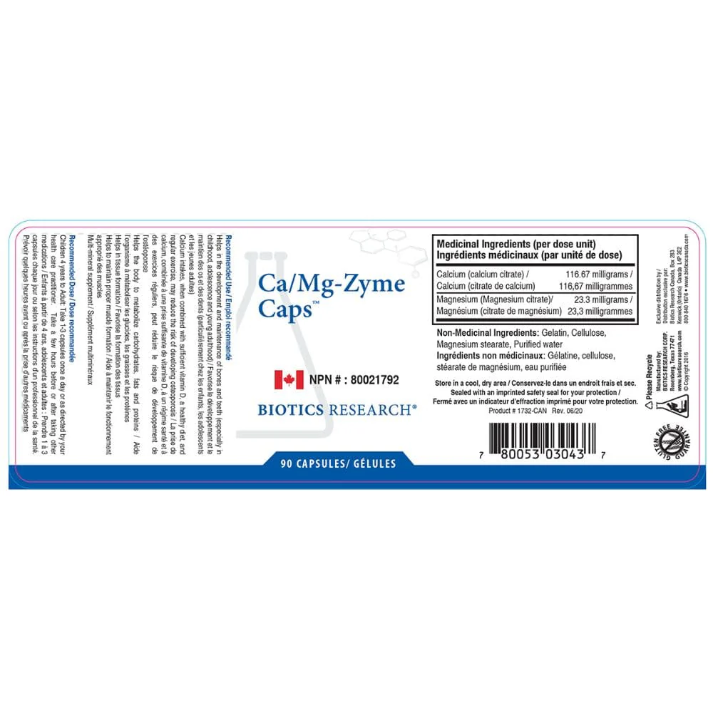 Biotics Research Ca/Mg-Zyme Caps, Calcium Magnesium Support, 90 Capsules - Image 2