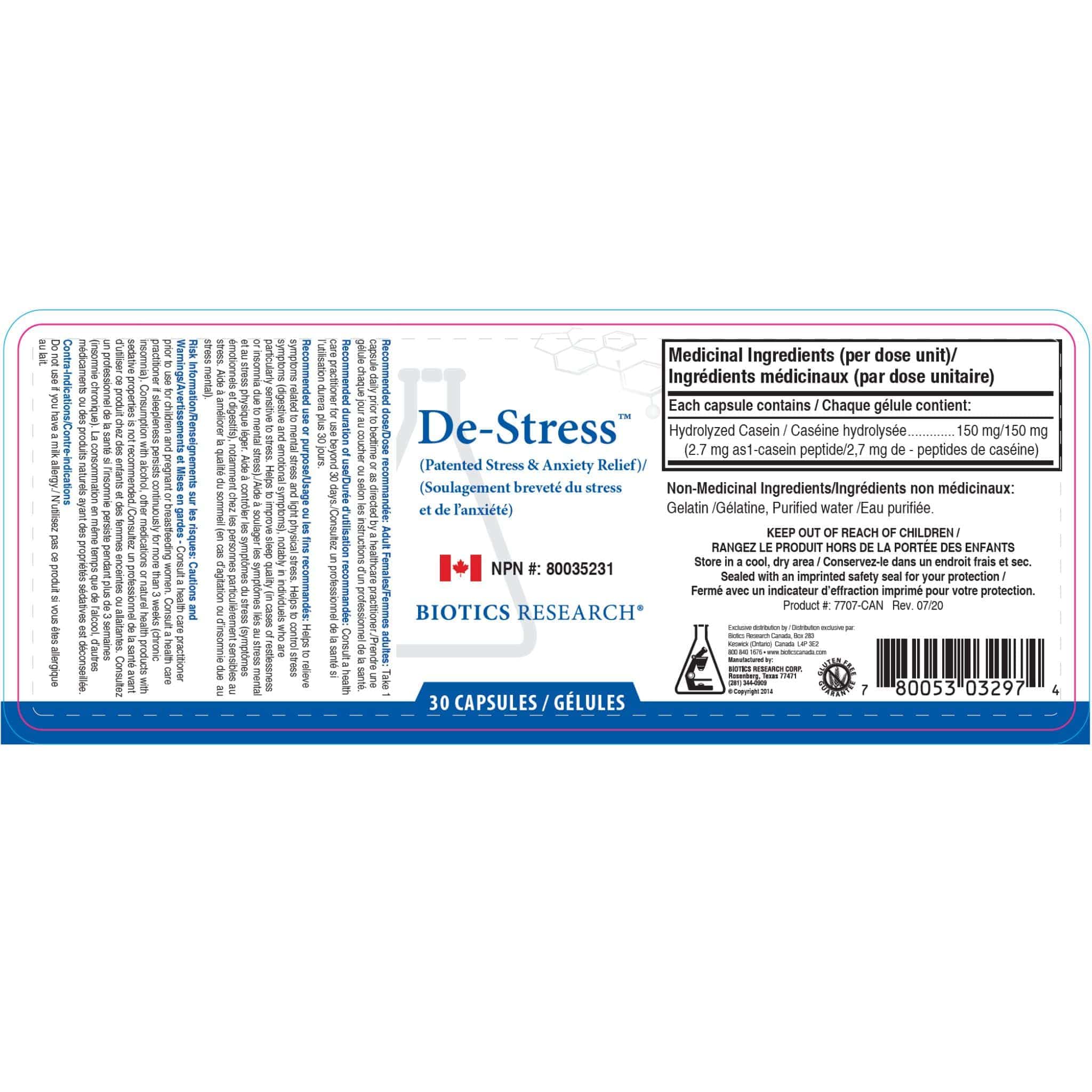 Biotics Research De-Stress. Hydrolyzed Casein 150mg, Natural Stress and Sleep Support, 30 Capsules - Image 2