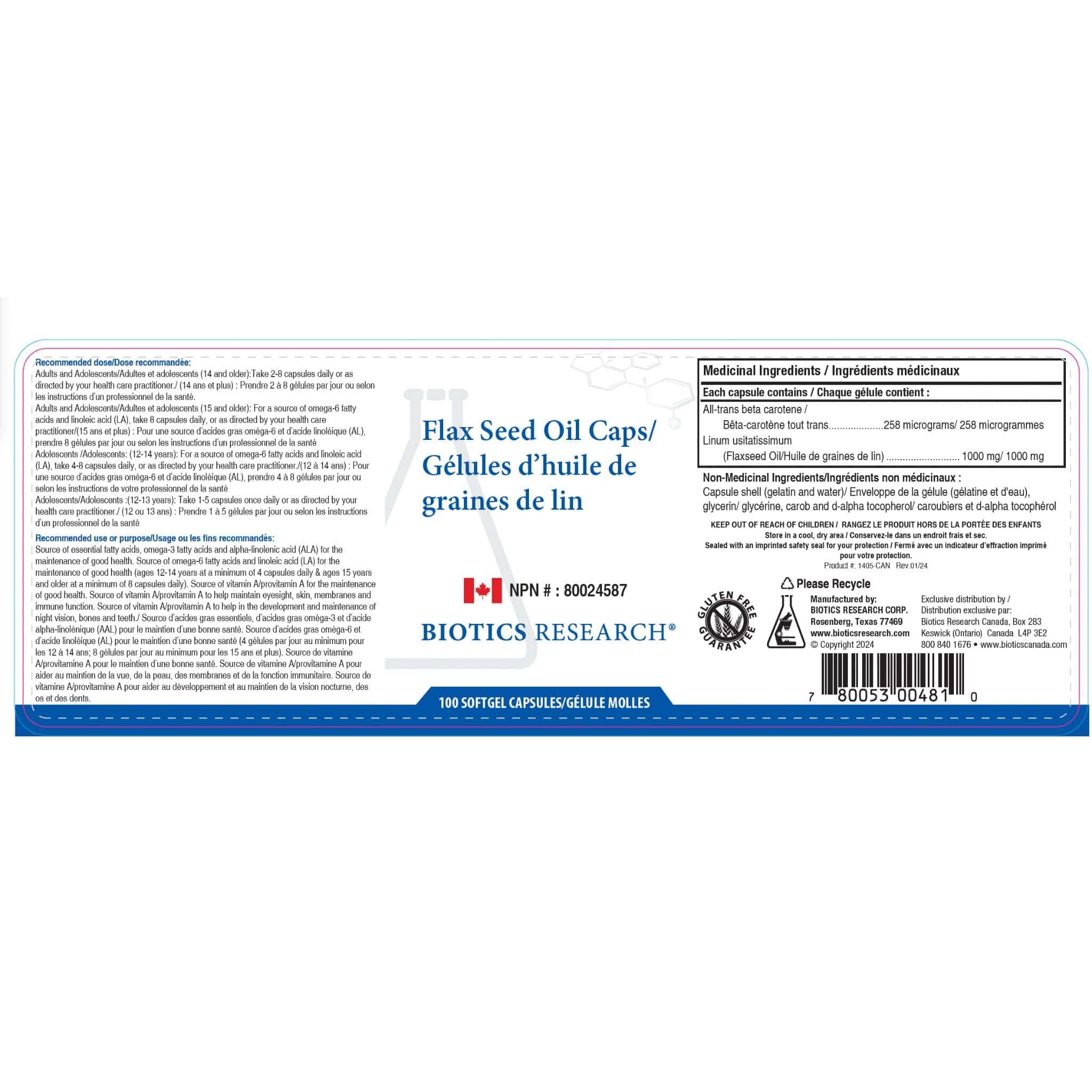 Biotics Research Flax Seed Oil Caps, Organic Omega-3 ALA 1000mg, 100 Softgels - Image 2