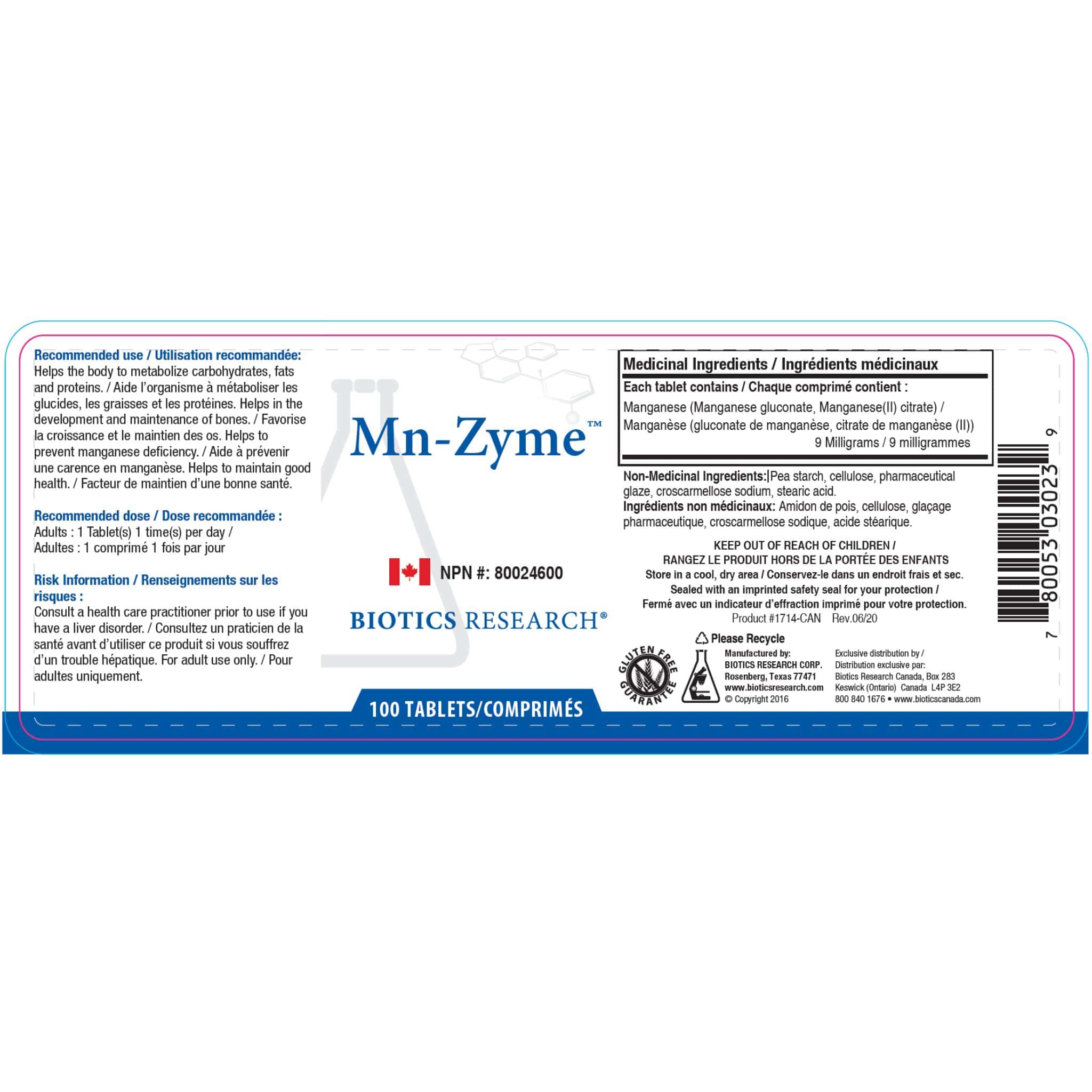 Biotics Research Mn-Zyme, Manganese 10mg, Bone, Cartilage and Immune Support, 100 Tablets - Image 2