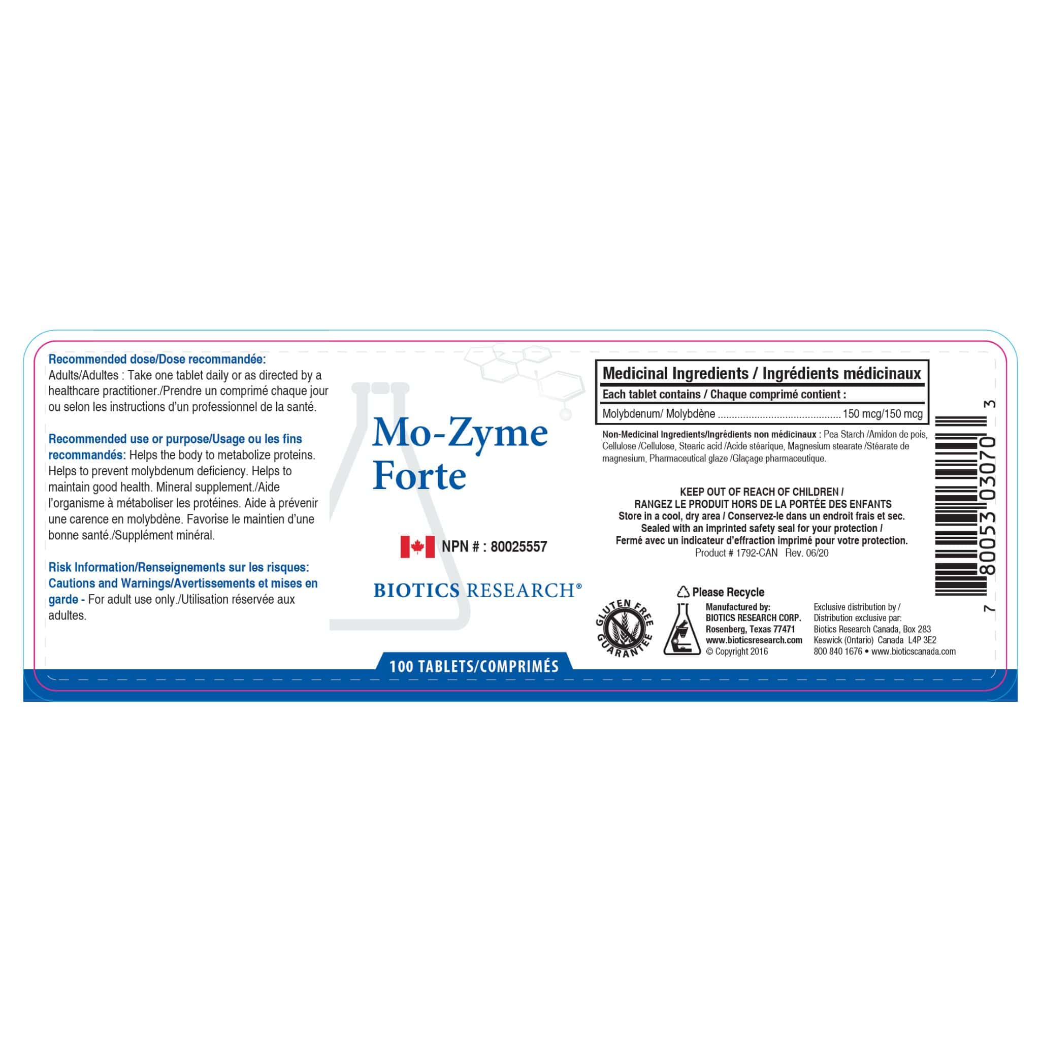 Biotics Research Mo-Zyme Forte, Phytochemically Bound Molybdenum, 100 Tablets - Image 2