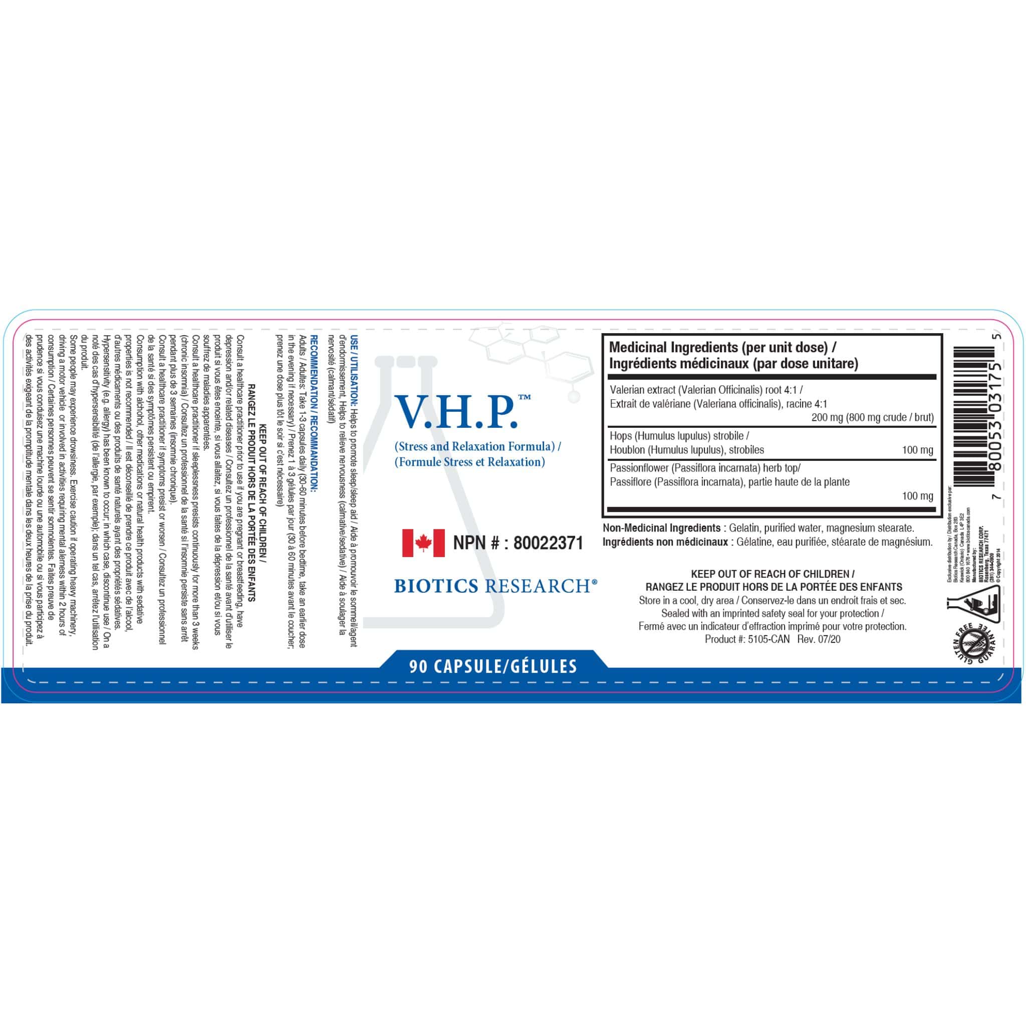 Biotics Research V.H.P., Valerian, Hops, Passion Flower, 90 Capsules - Image 2