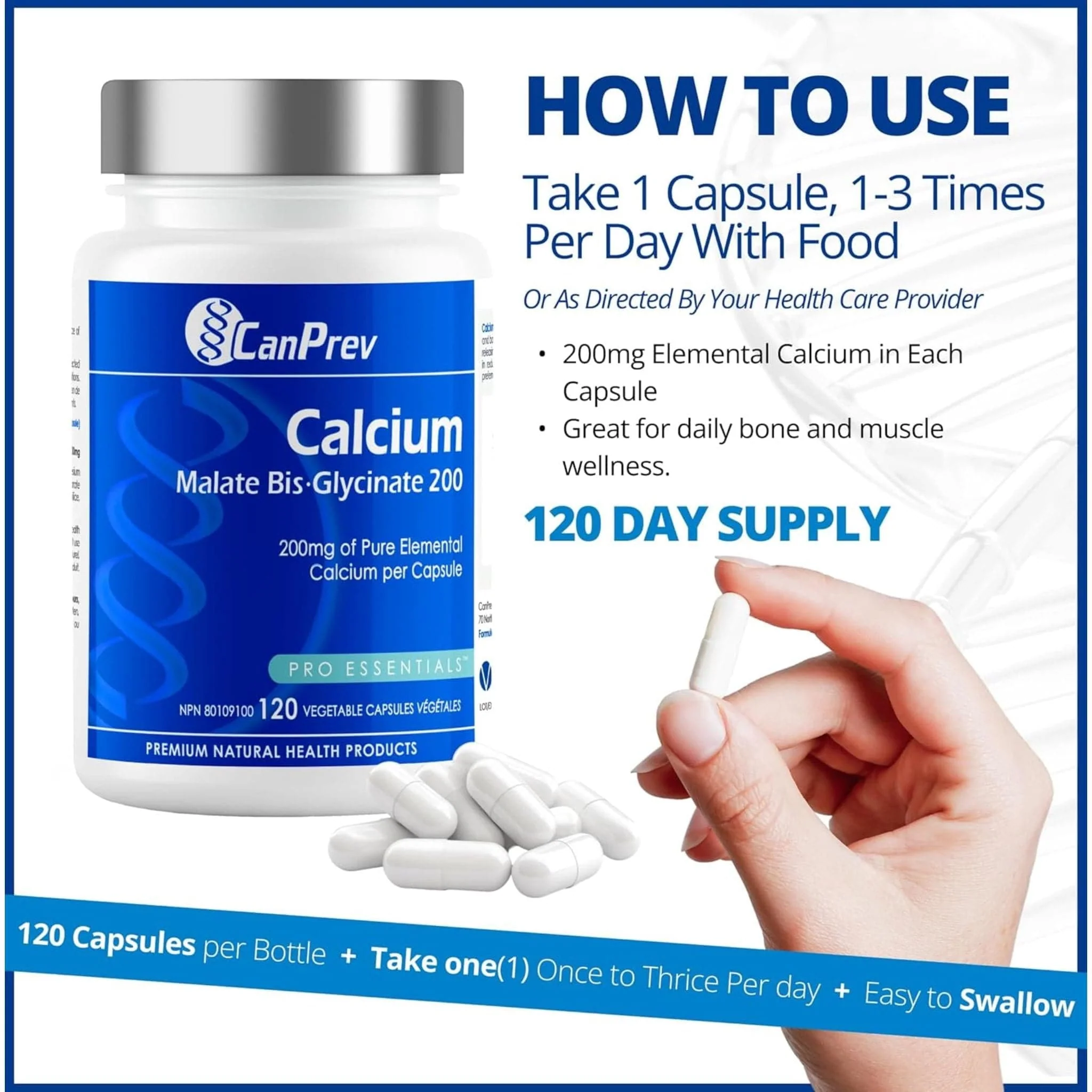 CanPrev Calcium Malate Bis-Glycinate 200mg, 120 Capsules - Image 6