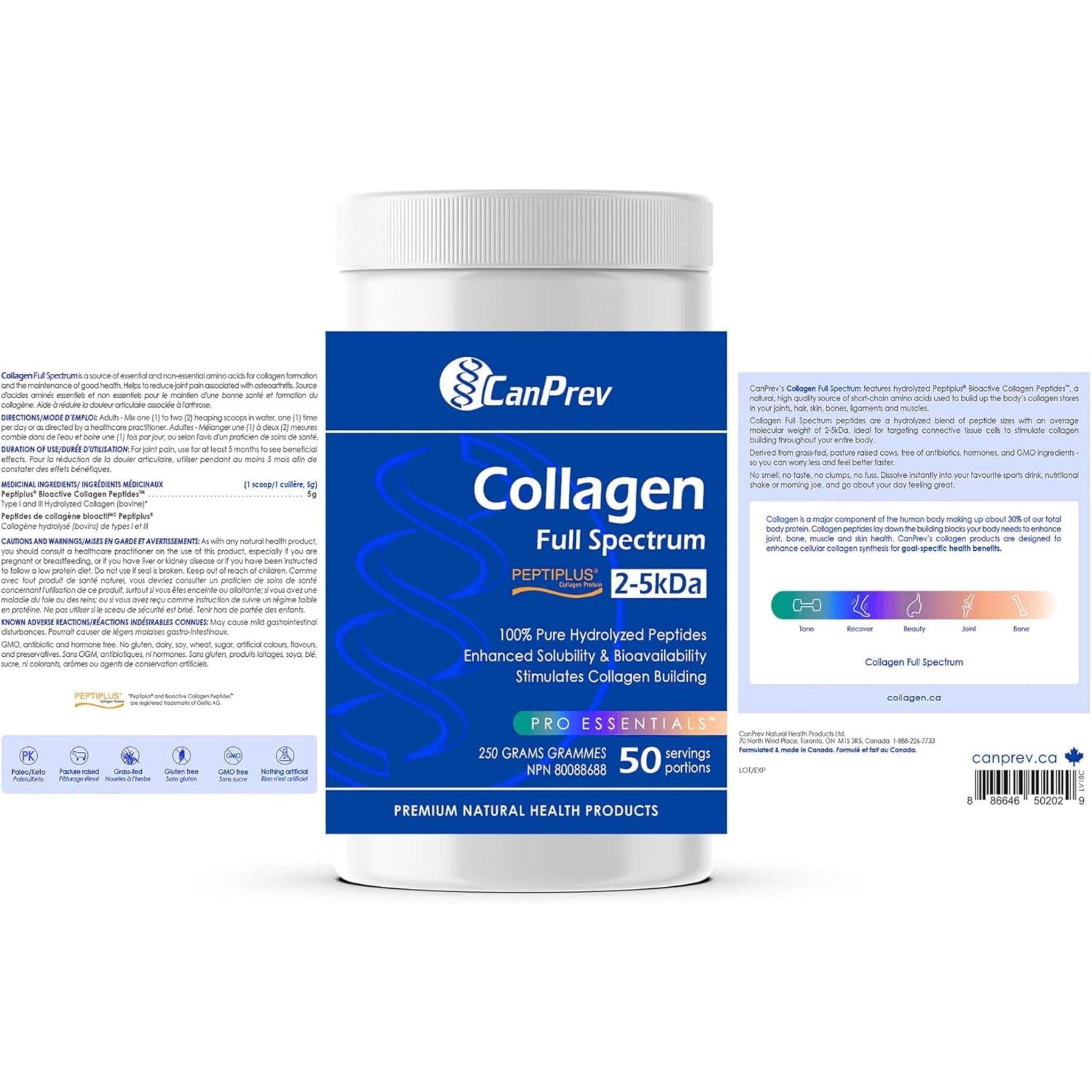 CanPrev Collagen Full Spectrum Peptiplus 100% Pure Hydrolyzed Powder, 250g - Image 3