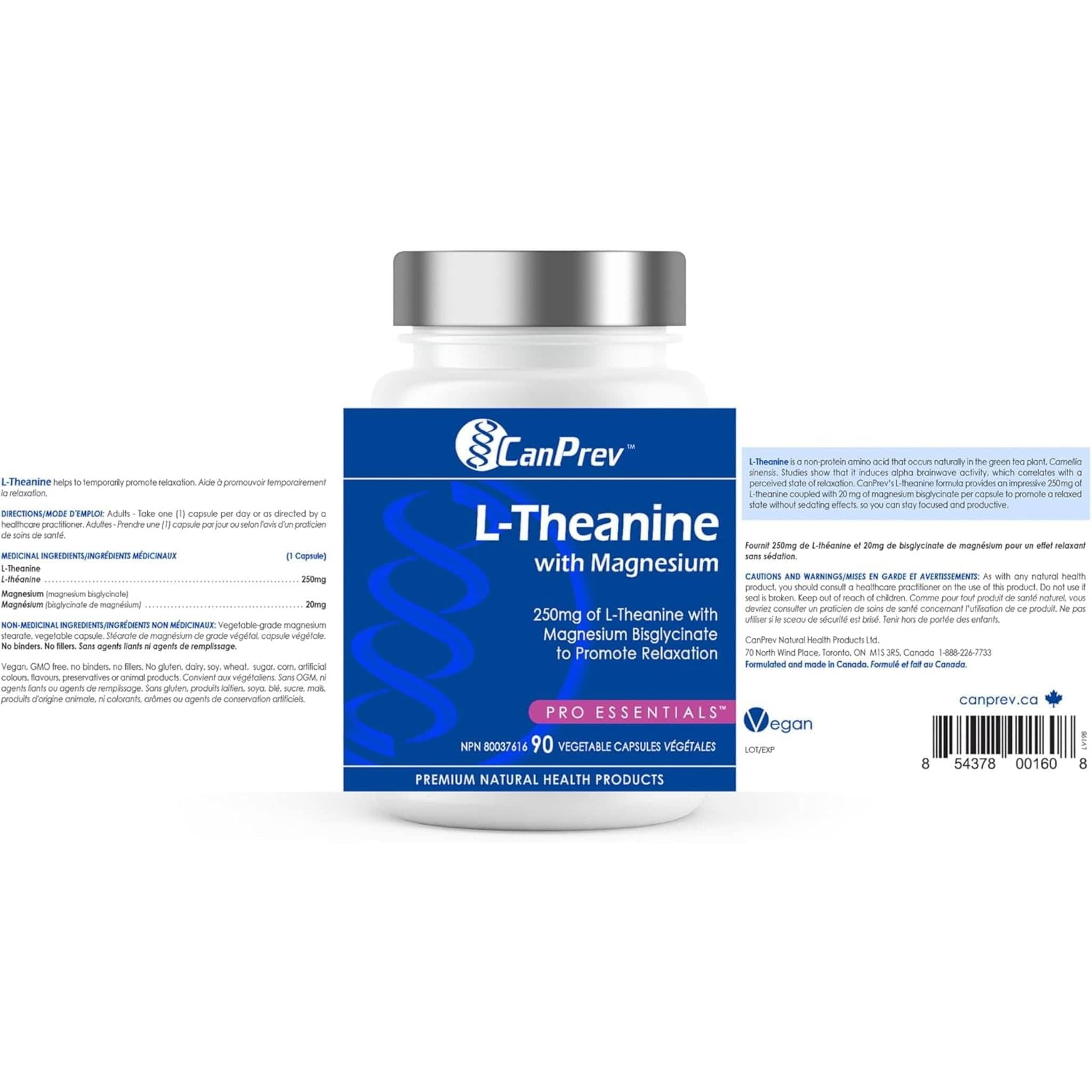 CanPrev L-Theanine 250mg with Magnesium Bisglycinate 20mg, 90 Vegetable Capsules - Image 3