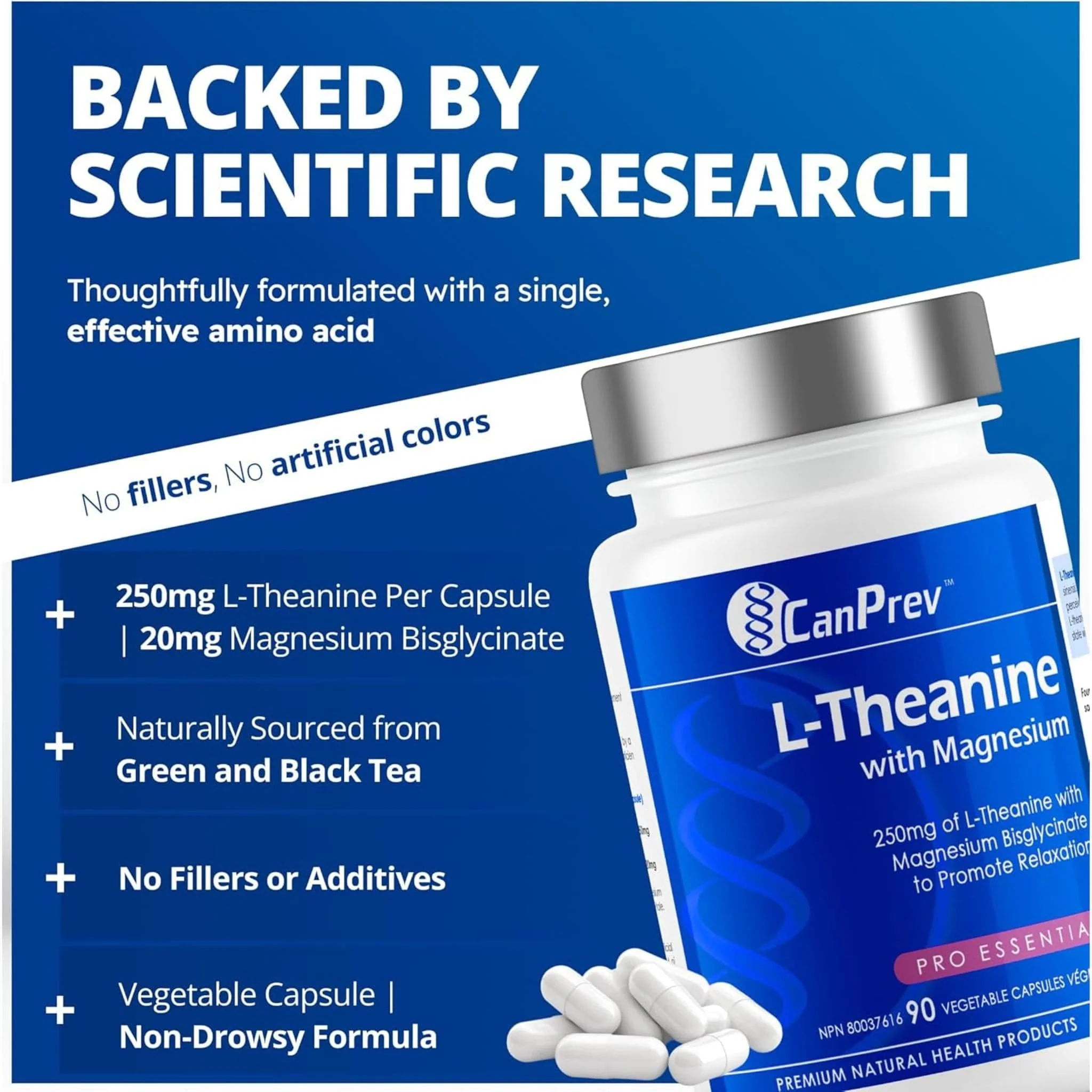CanPrev L-Theanine 250mg with Magnesium Bisglycinate 20mg, 90 Vegetable Capsules - Image 5