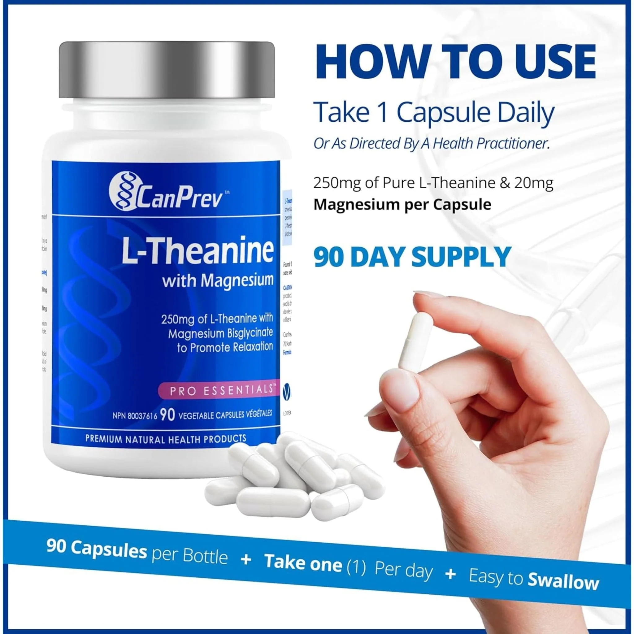 CanPrev L-Theanine 250mg with Magnesium Bisglycinate 20mg, 90 Vegetable Capsules - Image 7