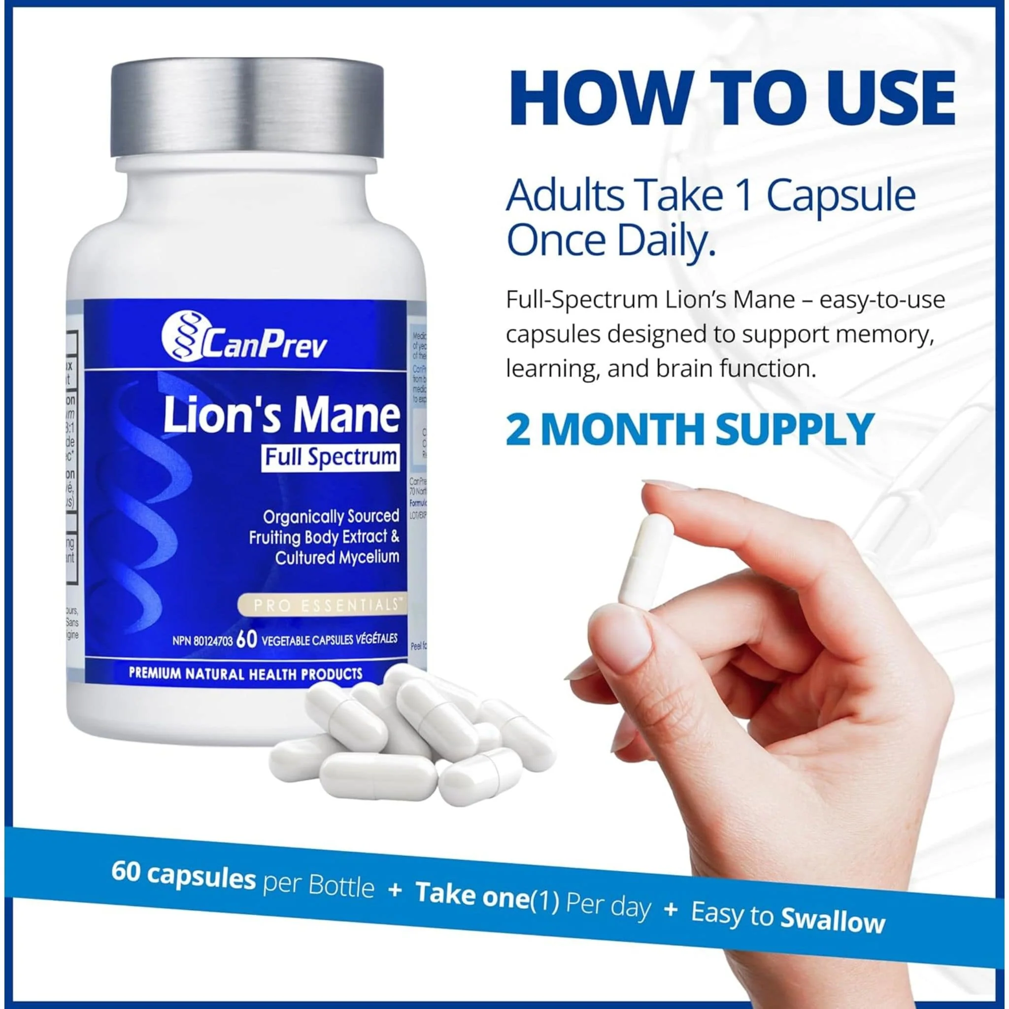 CanPrev Lion's Mane Full Spectrum, Organic Fruiting Body and Mycelium, Supports Brain and Cognitive Health, 60 Vegetable Capsules - Image 4