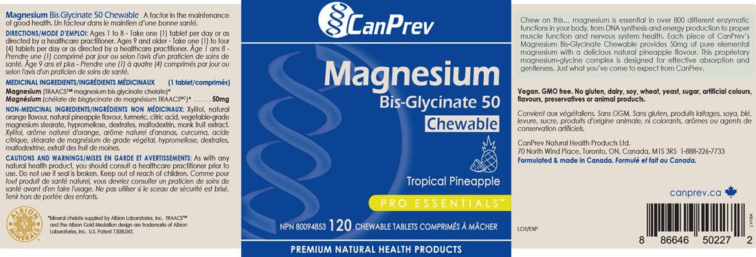 CanPrev Chewable Magnesium Bisglycinate 50mg, Tropical Pineapple, 120 Chewable Tablets - Image 2