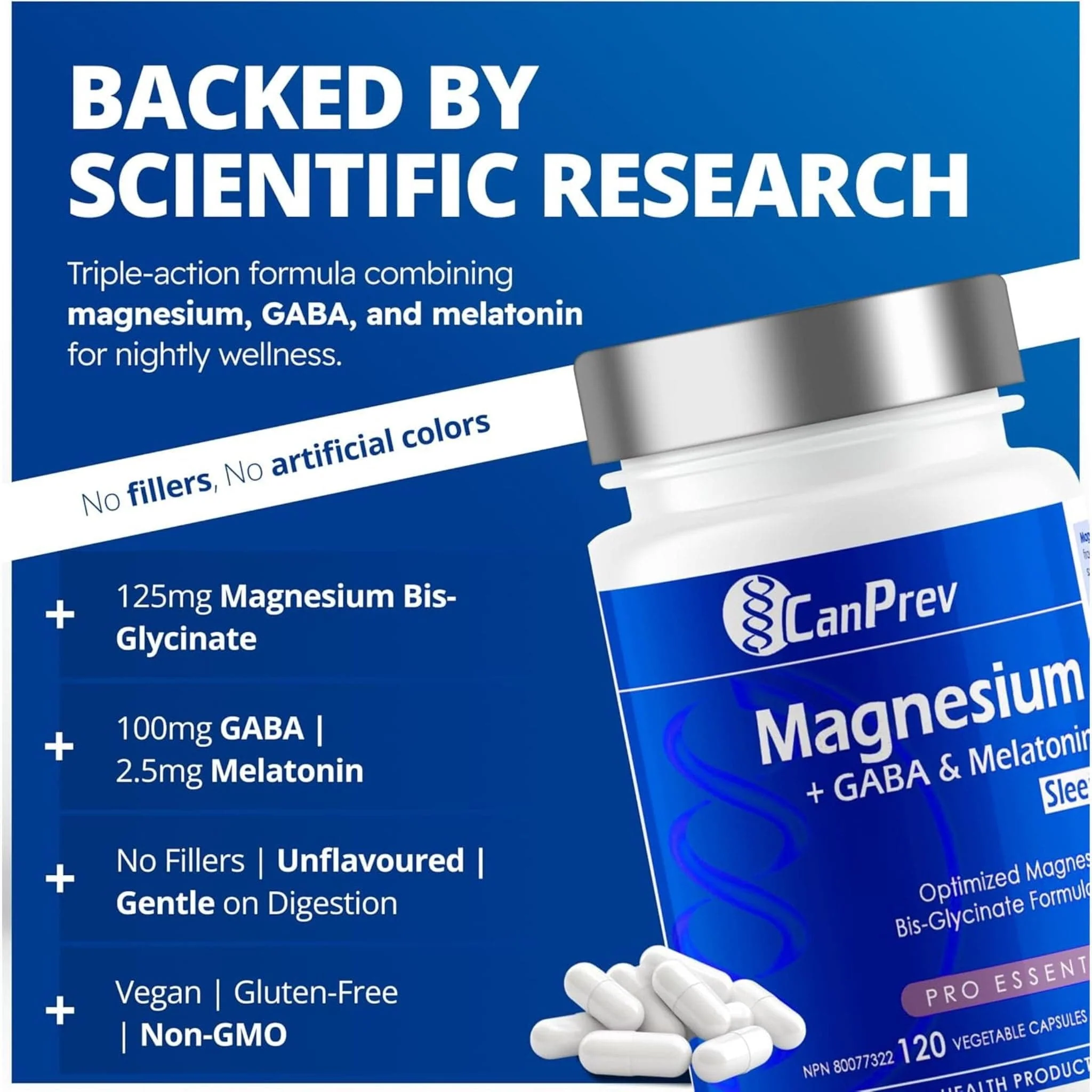 CanPrev Magnesium + GABA & Melatonin For Sleep (125mg + 100mg & 2.5mg), 120 Vegetable Capsules - Image 6