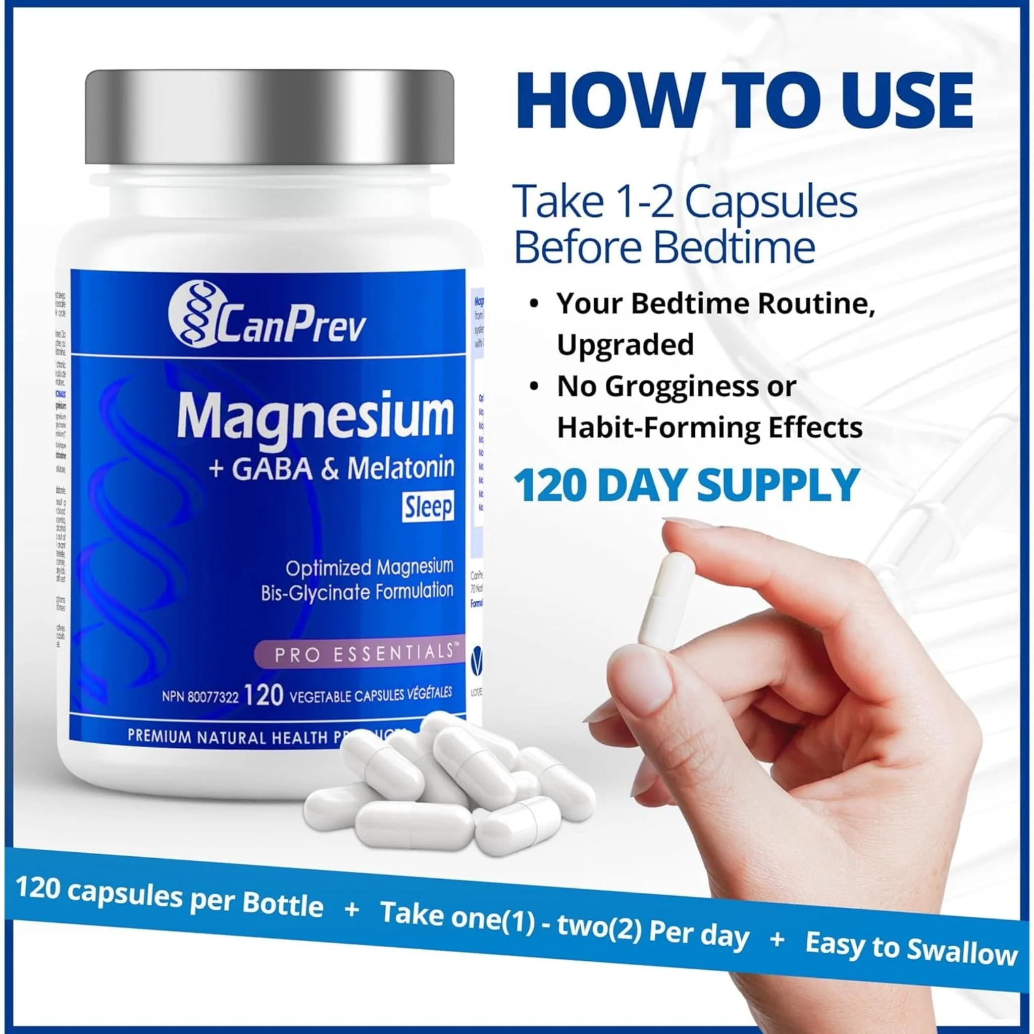 CanPrev Magnesium + GABA & Melatonin For Sleep (125mg + 100mg & 2.5mg), 120 Vegetable Capsules - Image 8