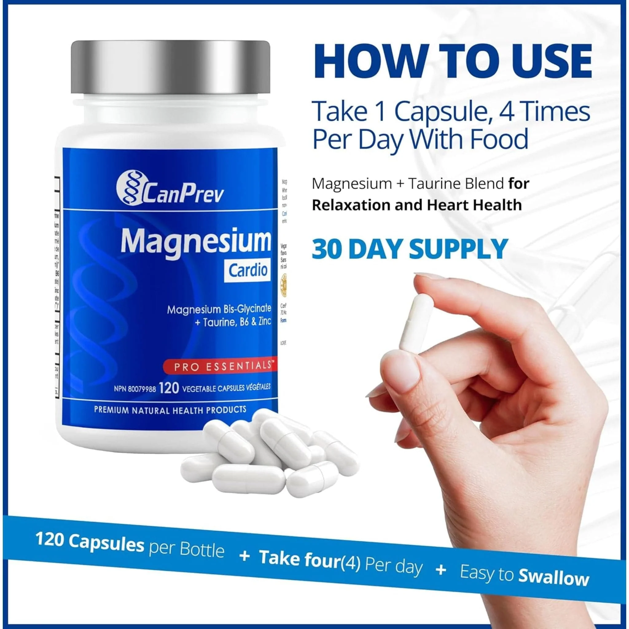 CanPrev Magnesium + Taurine, B6 & Zinc For Cardio, 120 Vegetable Capsules - Image 7