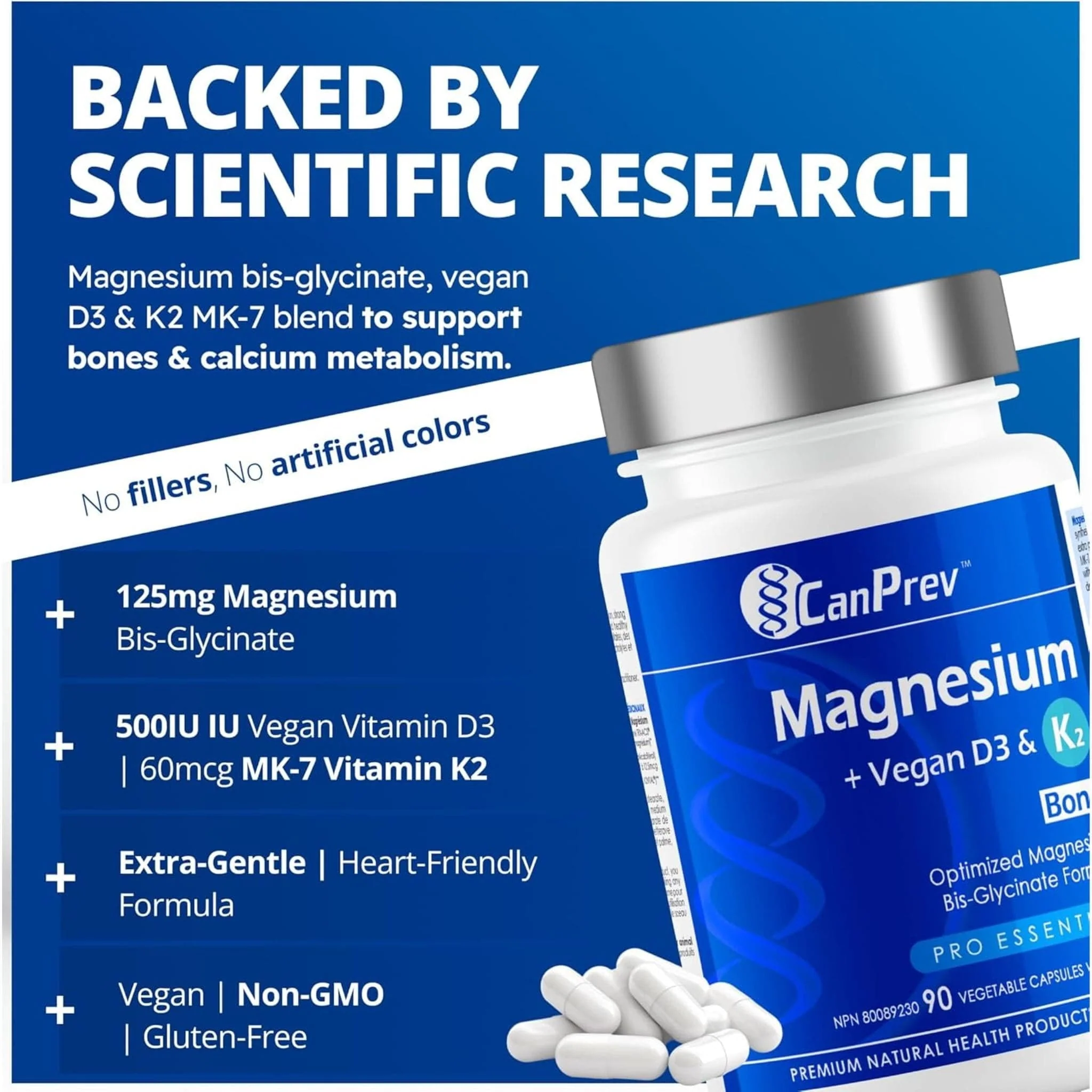 CanPrev Magnesium, Vegan D3 & K2 for Bones, 90 Vegetable Capsules - Image 4