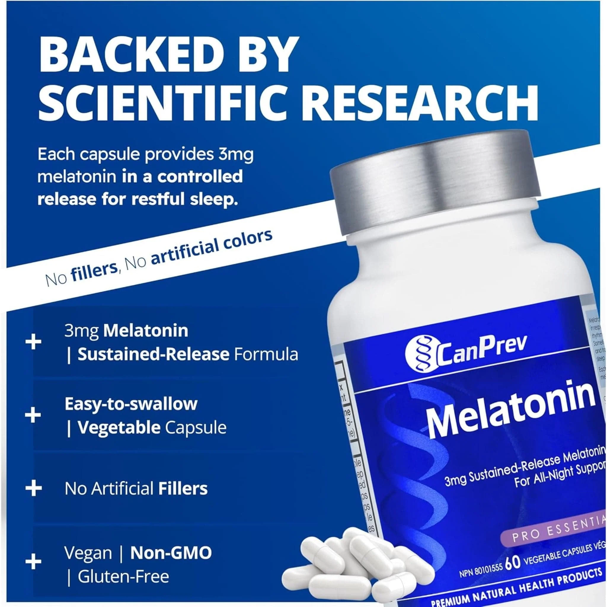 CanPrev Melatonin 3mg Sustained Release, 60 Vegetable Capsules - Image 6