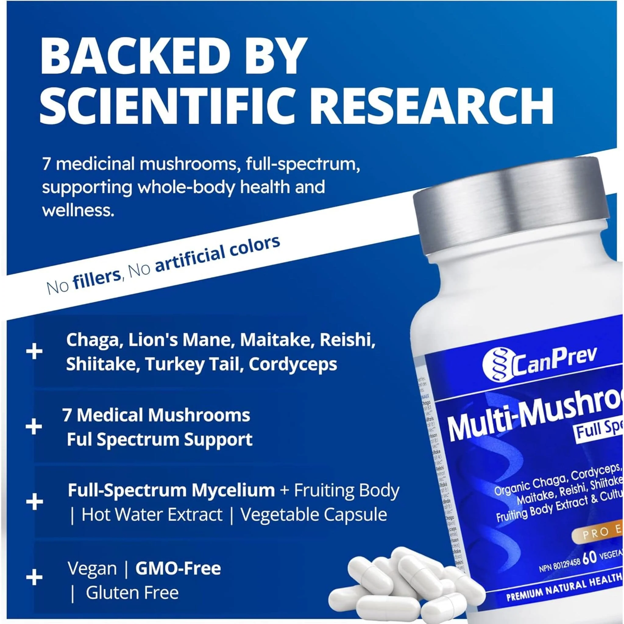 CanPrev Multi-Mushroom Full Spectrum, 7 Organic Medicinal Mushrooms for Immune, Gut and Cognitive Health, 60 Vegetable Capsules - Image 6