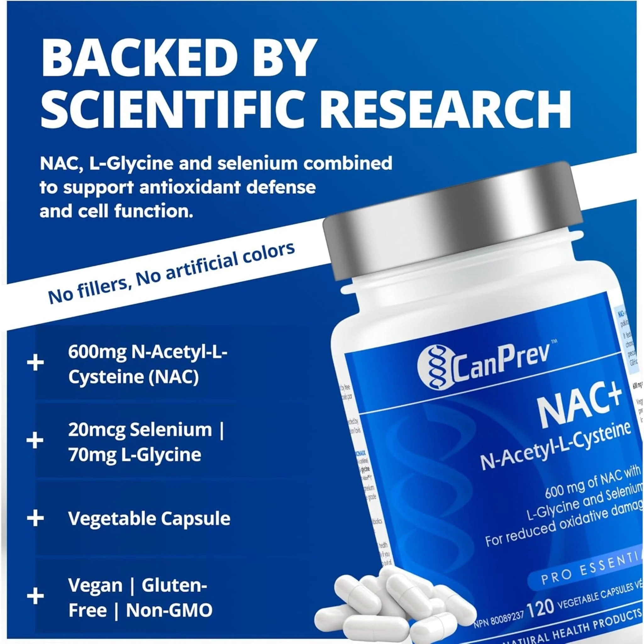 CanPrev NAC (N-Acetyl-L-Cysteine) 600mg with Glycine and Selenium, 120 Capsules - Image 6