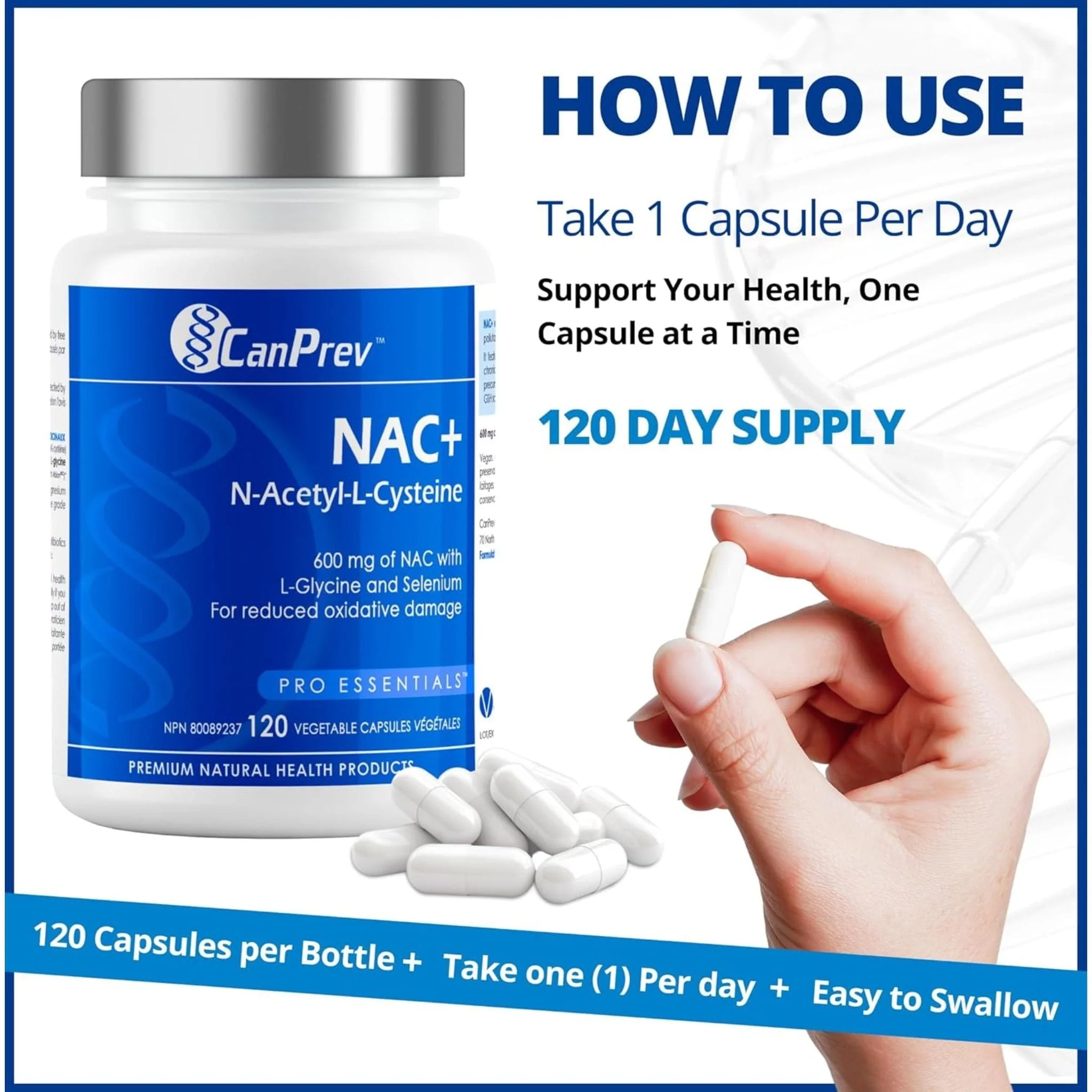 CanPrev NAC (N-Acetyl-L-Cysteine) 600mg with Glycine and Selenium, 120 Capsules - Image 8