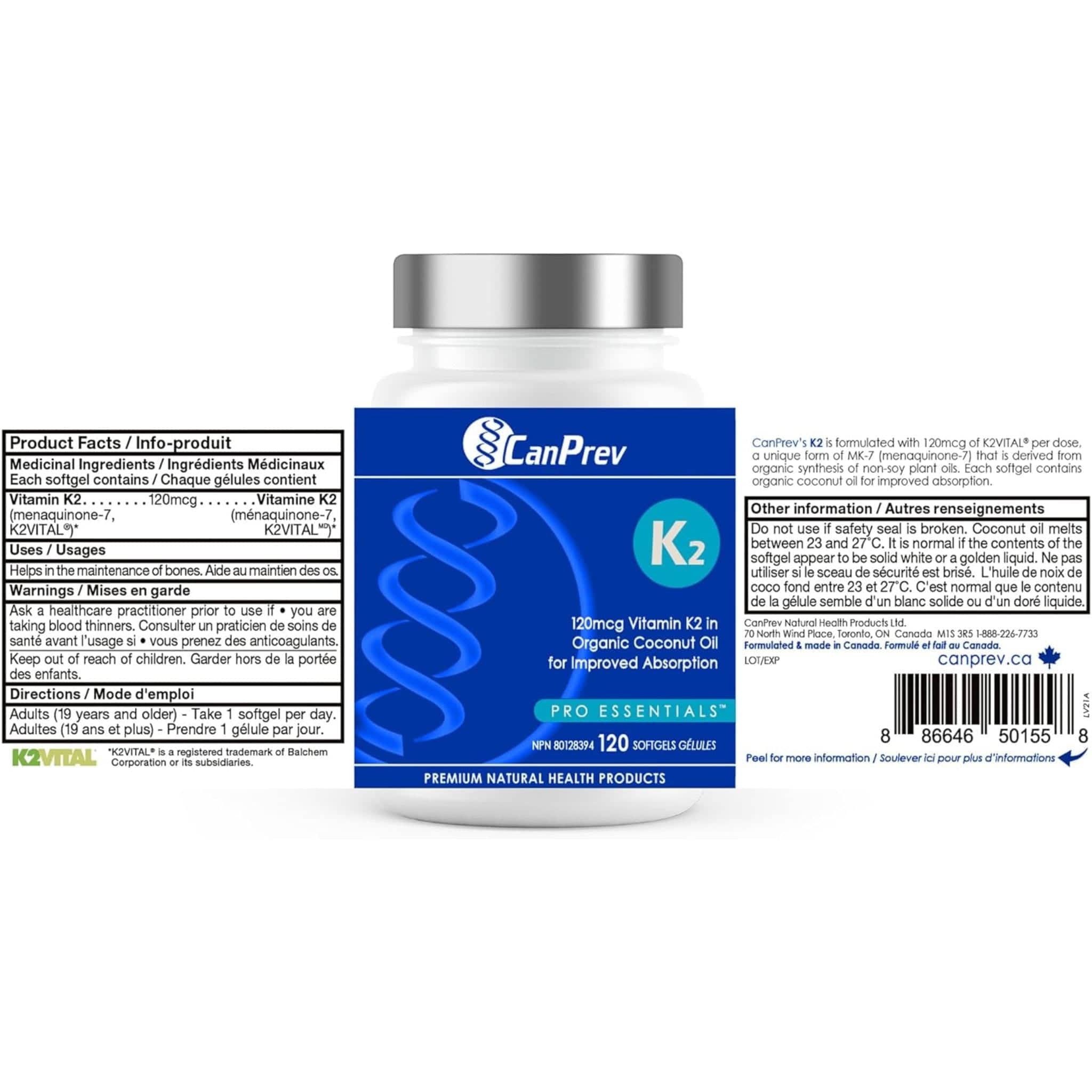 CanPrev Vitamin K2 120mcg Softgels in a base of Organic Coconut Oil, 120 Softgels - Image 3