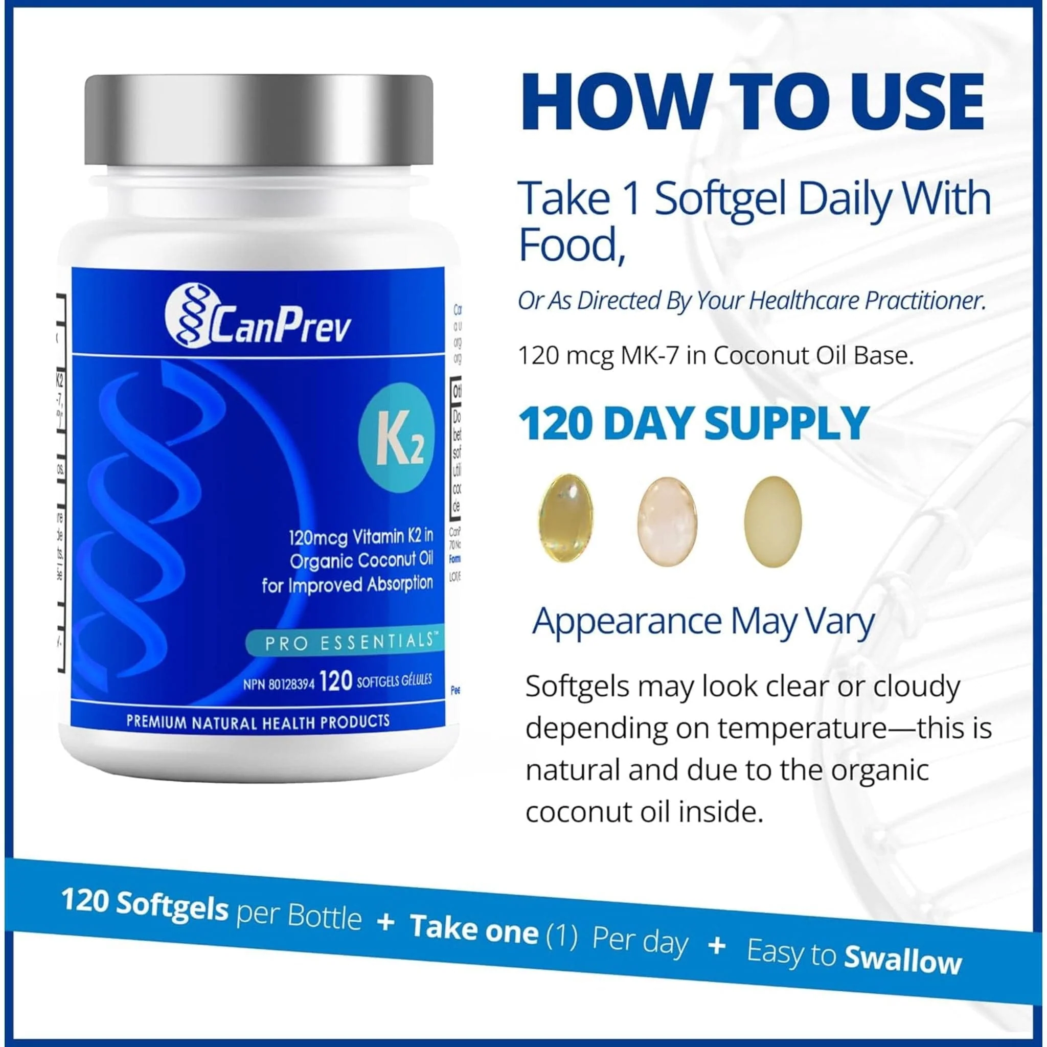 CanPrev Vitamin K2 120mcg Softgels in a base of Organic Coconut Oil, 120 Softgels - Image 7